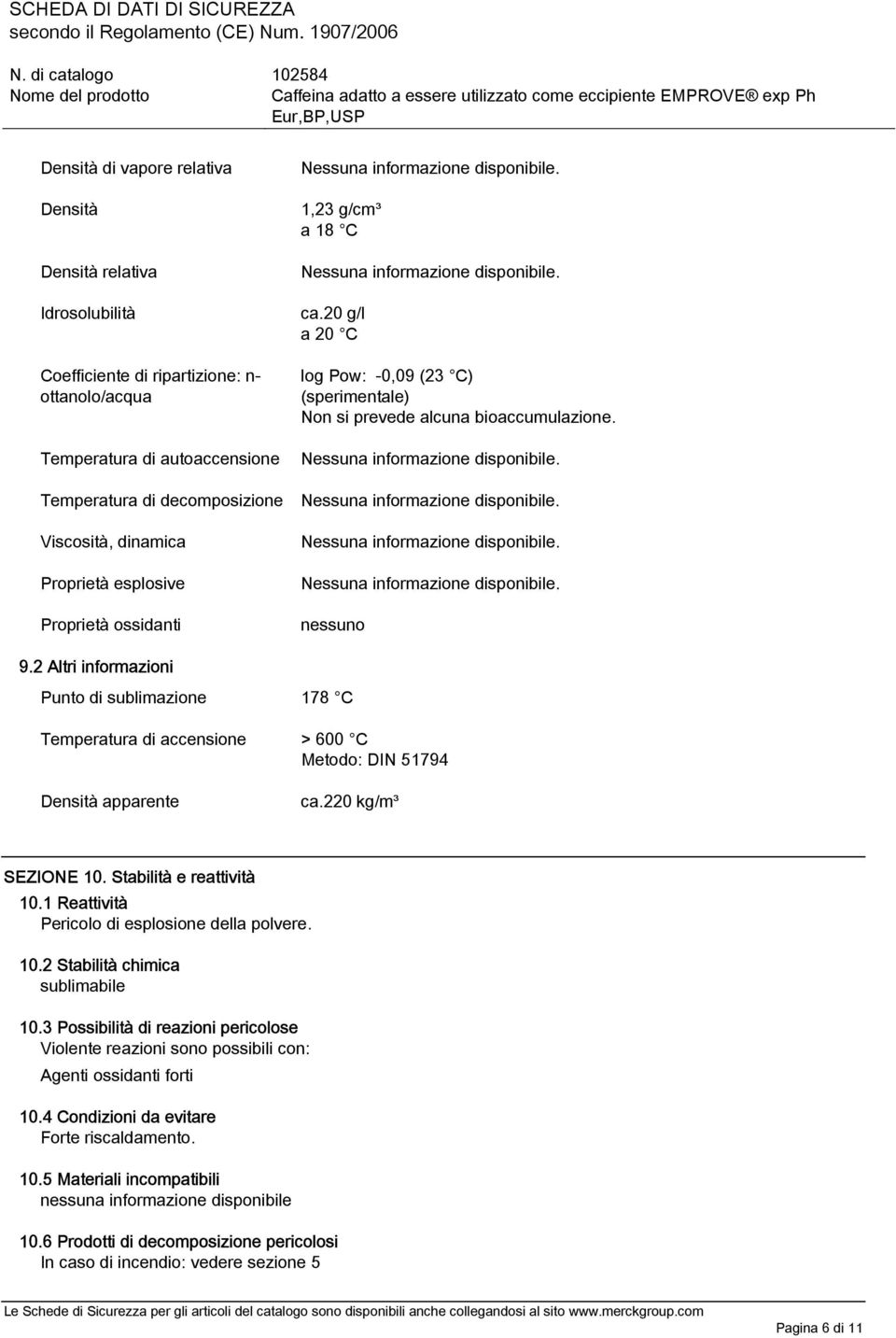 2 Altri informazioni Punto di sublimazione 178 C Temperatura di accensione > 600 C Metodo: DIN 51794 Densità apparente ca.220 kg/m³ SEZIONE 10. Stabilità e reattività 10.