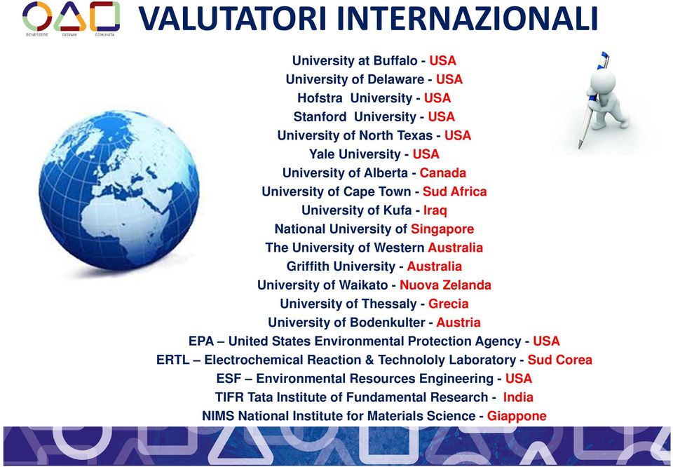 Australia University of Waikato - Nuova Zelanda University of Thessaly - Grecia University of Bodenkulter - Austria EPA United States Environmental Protection Agency - USA ERTL