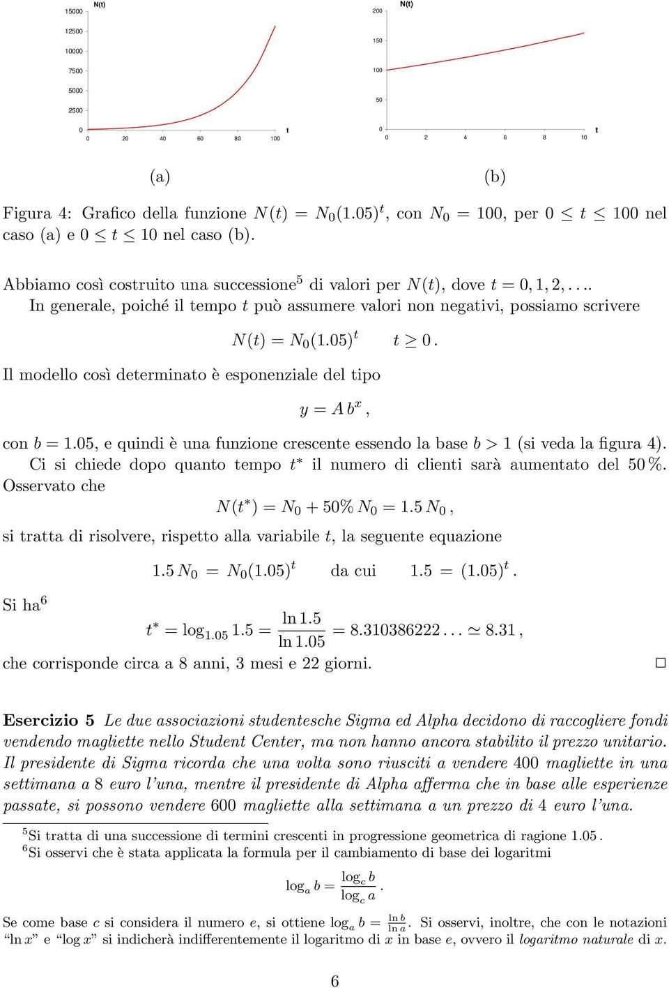 ... In generale, poiché il tempo t può assumere valori non negativi, possiamo scrivere N(t) = N 0 (1.05) t t 0. Il modello così determinato è esponenziale del tipo y = A b x, con b = 1.