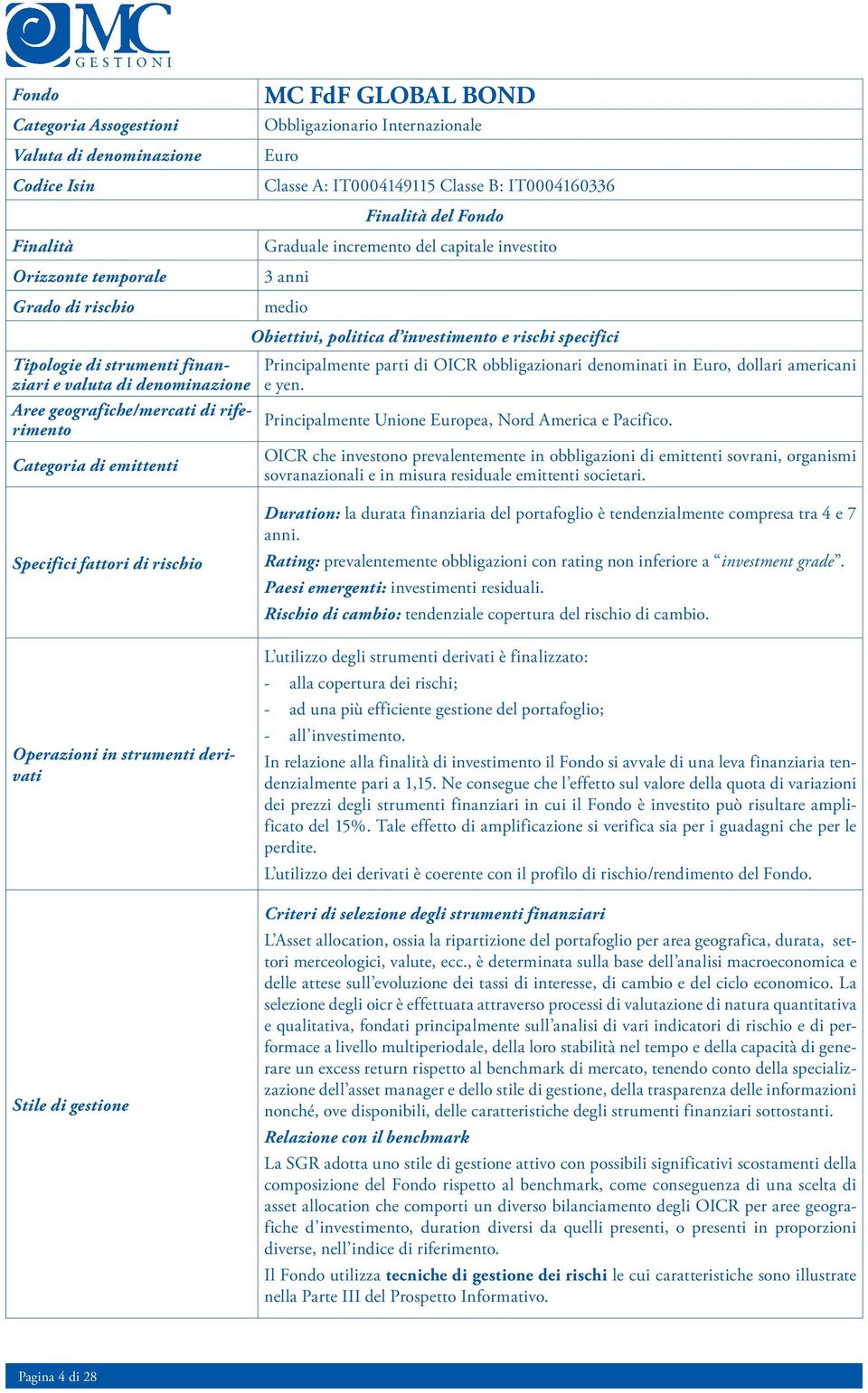 anni medio Obiettivi, politica d investimento e rischi specifici Principalmente parti di OICR obbligazionari denominati in Euro, dollari americani e yen.