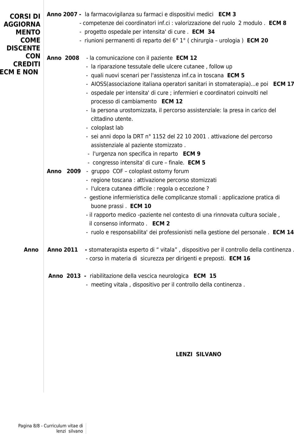 ECM 34 - riunioni permanenti di reparto del 6 1 ( chirurgia urologia ) ECM 20 Anno 2008 - la comunicazione con il paziente ECM 12 - la riparazione tessutale delle ulcere cutanee, follow up - quali