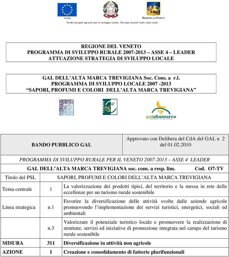 2010 PROGRAMMA DI SVILUPPO RURALE PER IL VENETO 2007-2013 ASSE 4 LEADER Titolo del PSL GAL DELL ALTA MARCA TREVIGIANA soc. cons. a resp. lim. Tema centrale 1 Linea strategica n.1 n.3 Cod.