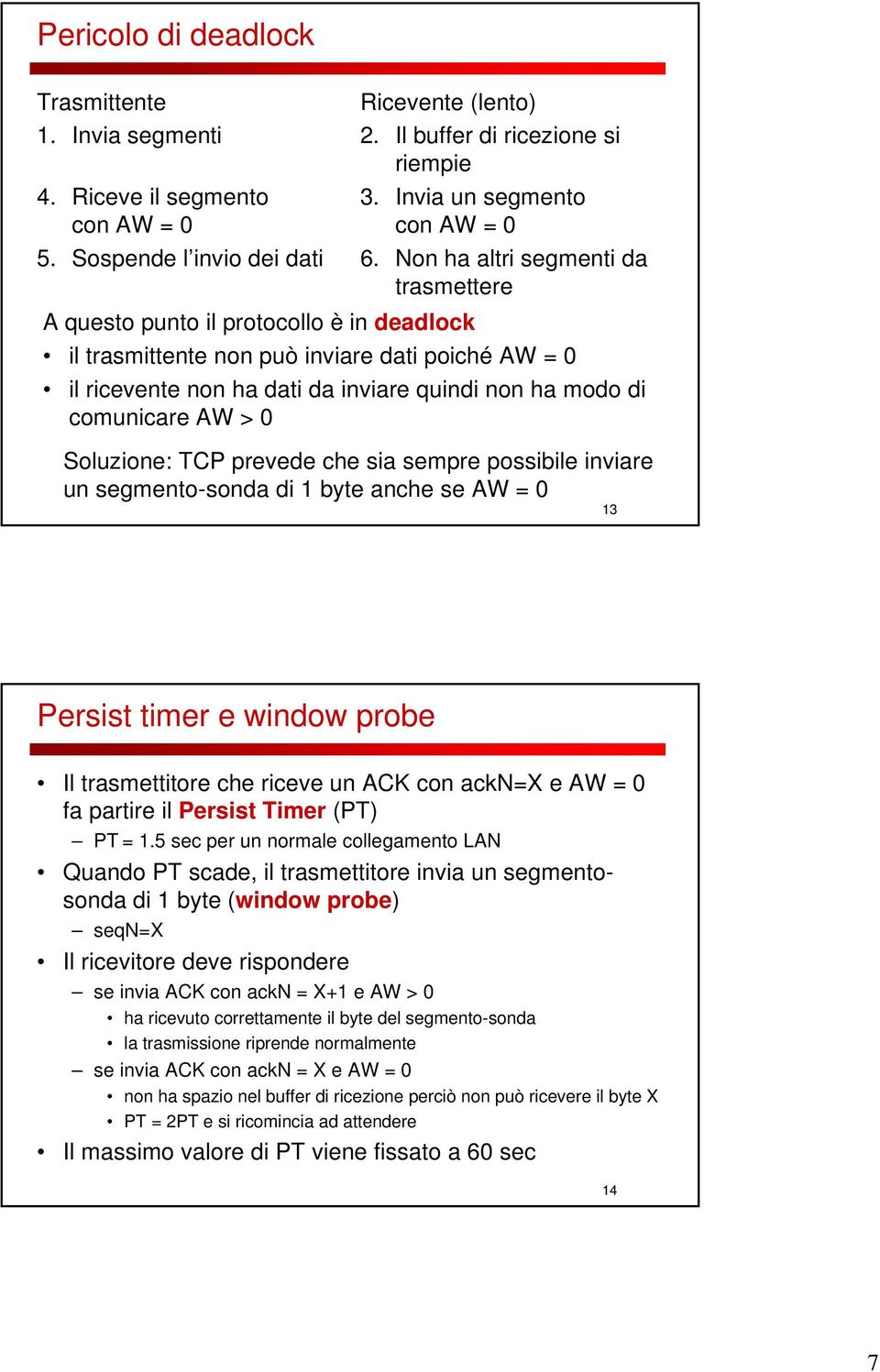 Non ha altri segmenti da trasmettere A questo punto il protocollo è in deadlock il trasmittente non può inviare dati poiché AW = 0 il ricevente non ha dati da inviare quindi non ha modo di comunicare