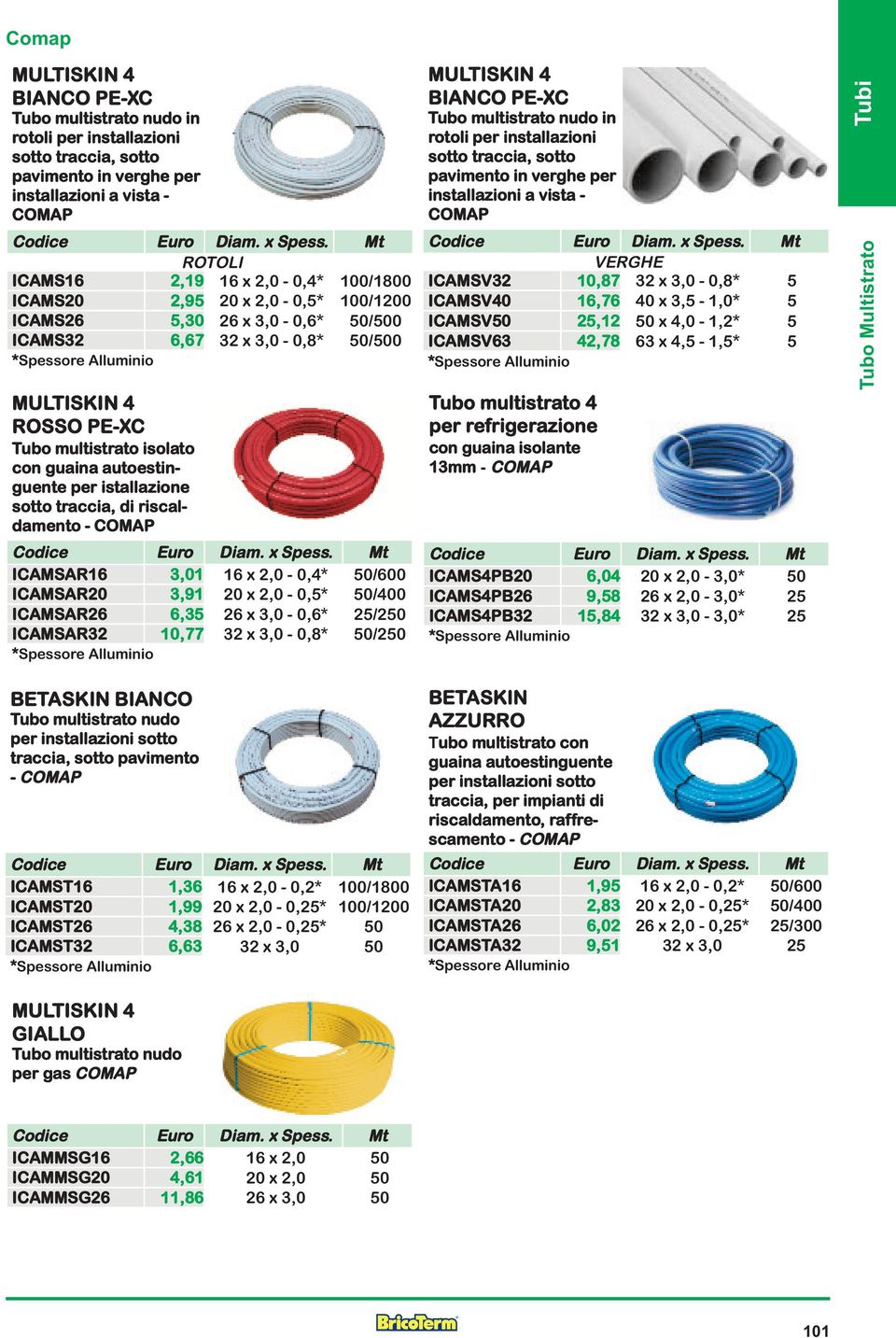 sotto traccia, di riscaldamento - COMAP ICAMSAR16 3,01 16 x 2,0-0,4* 50/600 ICAMSAR20 3,91 20 x 2,0-0,5* 50/400 ICAMSAR26 6,35 26 x 3,0-0,6* 25/250 ICAMSAR32 10,77 32 x 3,0-0,8* 50/250 MULTISKIN 4