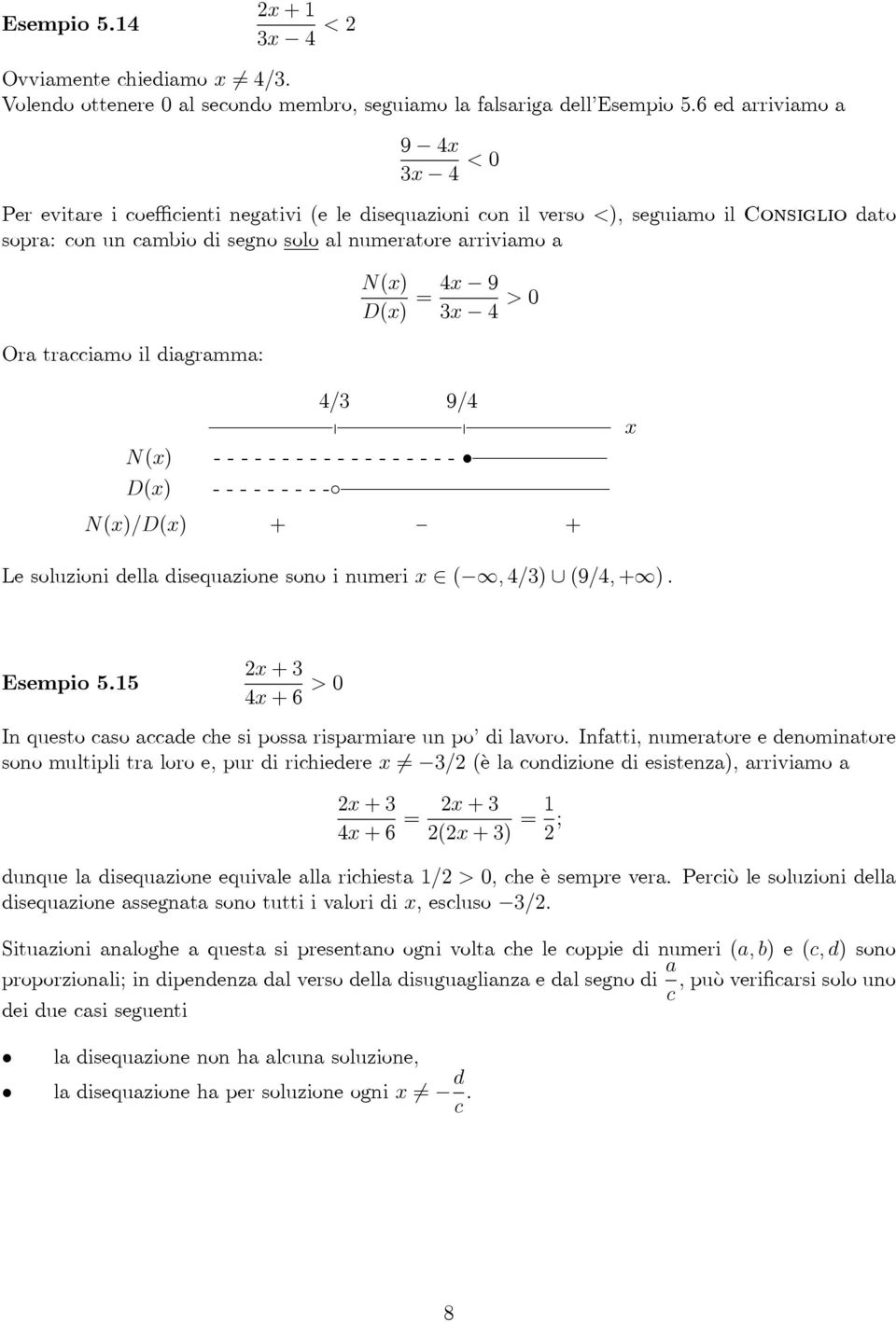 tracciamo il diagramma: = 4x 9 3x 4 > 0 4/3 9/4 p p ------------------ --------- x / + + Le soluzioni della disequazione sono i numeri x (, 4/3) (9/4, + ). Esempio 5.