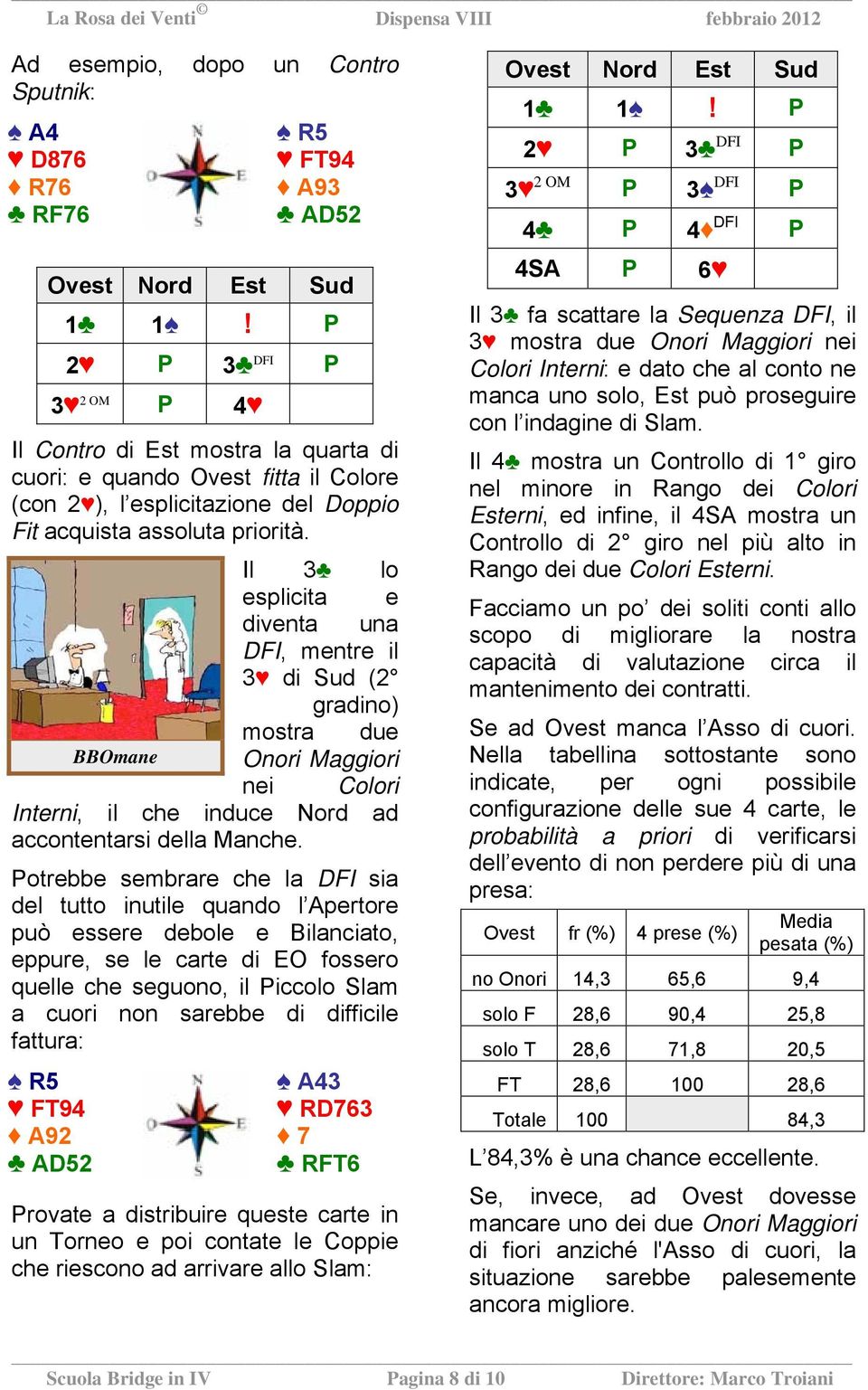 Il 3 lo esplicita e diventa una DFI, mentre il 3 di Sud (2 gradino) mostra due BBOmane Onori Maggiori nei Colori Interni, il che induce Nord ad accontentarsi della Manche.