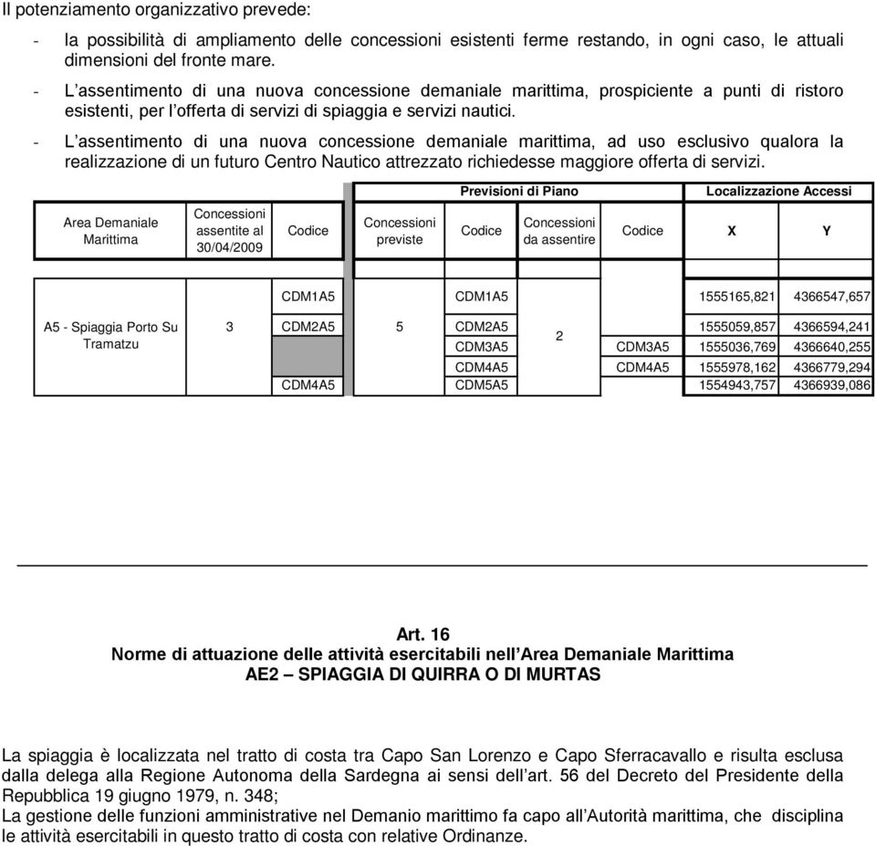 - L assentimento di una nuova concessione demaniale marittima, ad uso esclusivo qualora la realizzazione di un futuro Centro Nautico attrezzato richiedesse maggiore offerta di servizi.