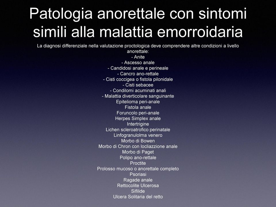 sanguinante Epitelioma peri-anale Fistola anale Foruncolo peri-anale Herpes Simplex anale Intertrigine Lichen scleroatrofico perinatale Linfogranulolma venero Morbo di Bowen Morbo di