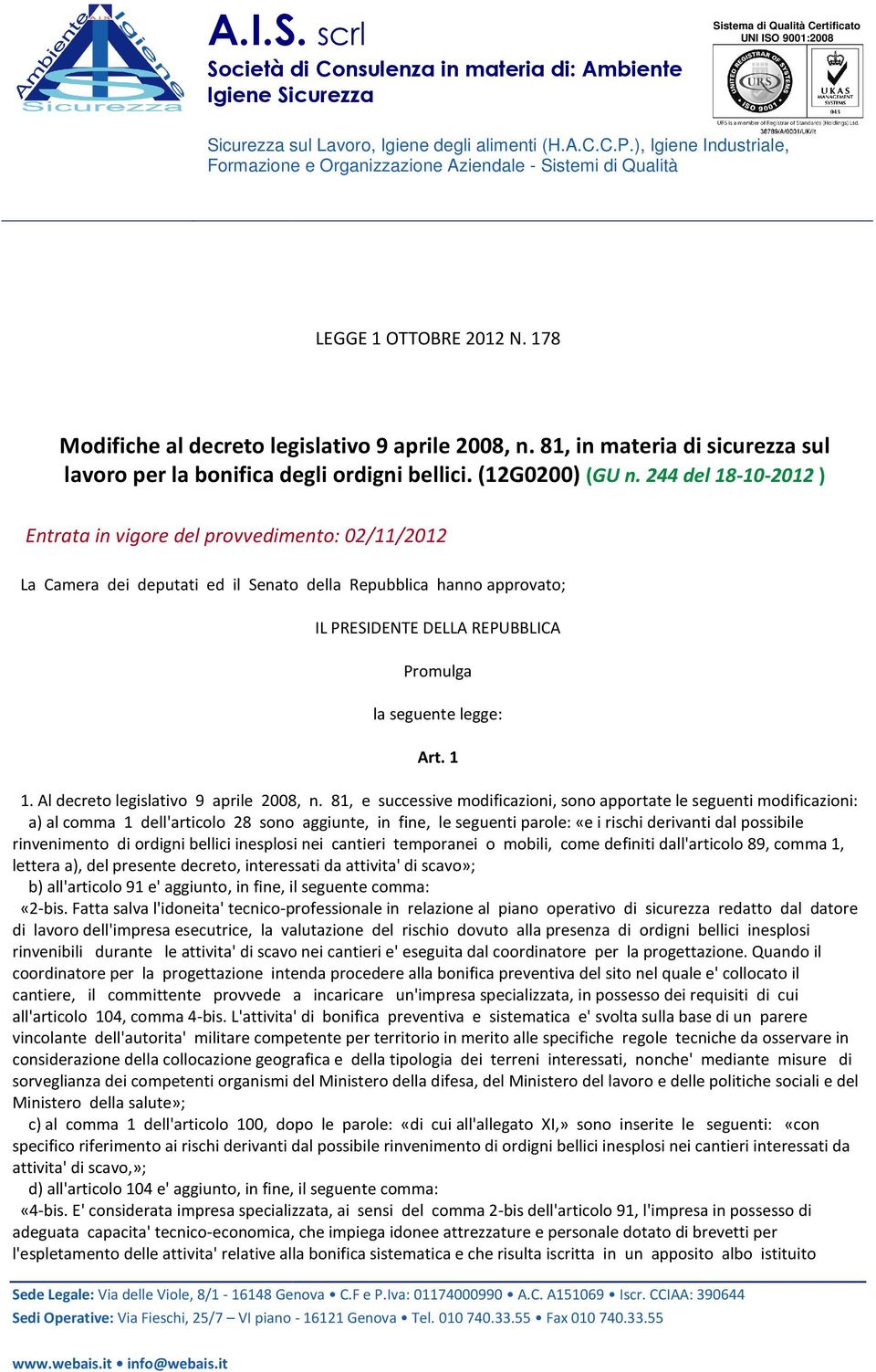 81, in materia di sicurezza sul lavoro per la bonifica degli ordigni bellici. (12G0200) (GU n.