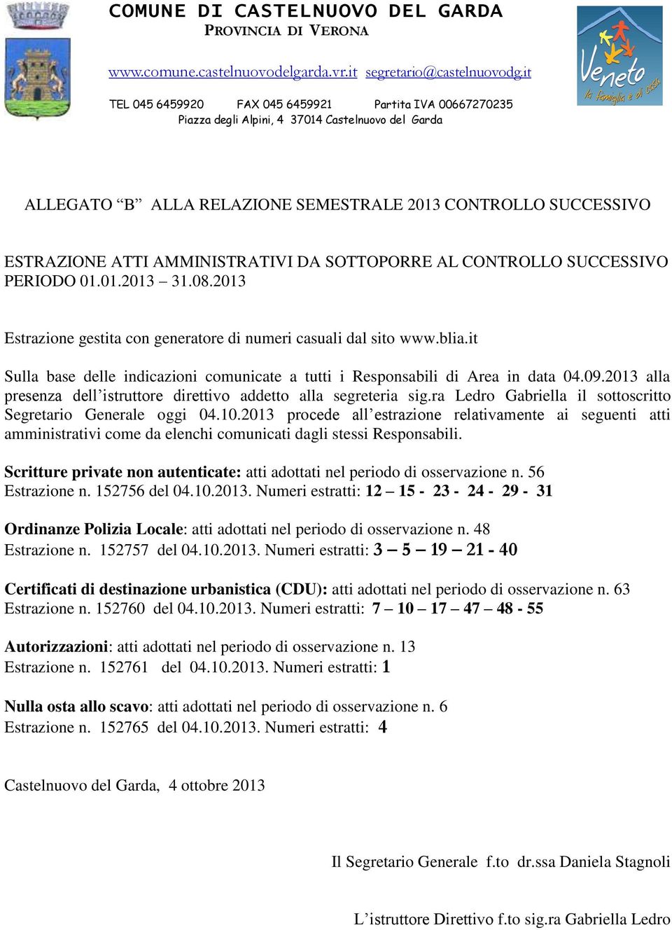 2013 alla presenza dell istruttore direttivo addetto alla segreteria sig.ra Ledro Gabriella il sottoscritto Segretario Generale oggi 04.10.