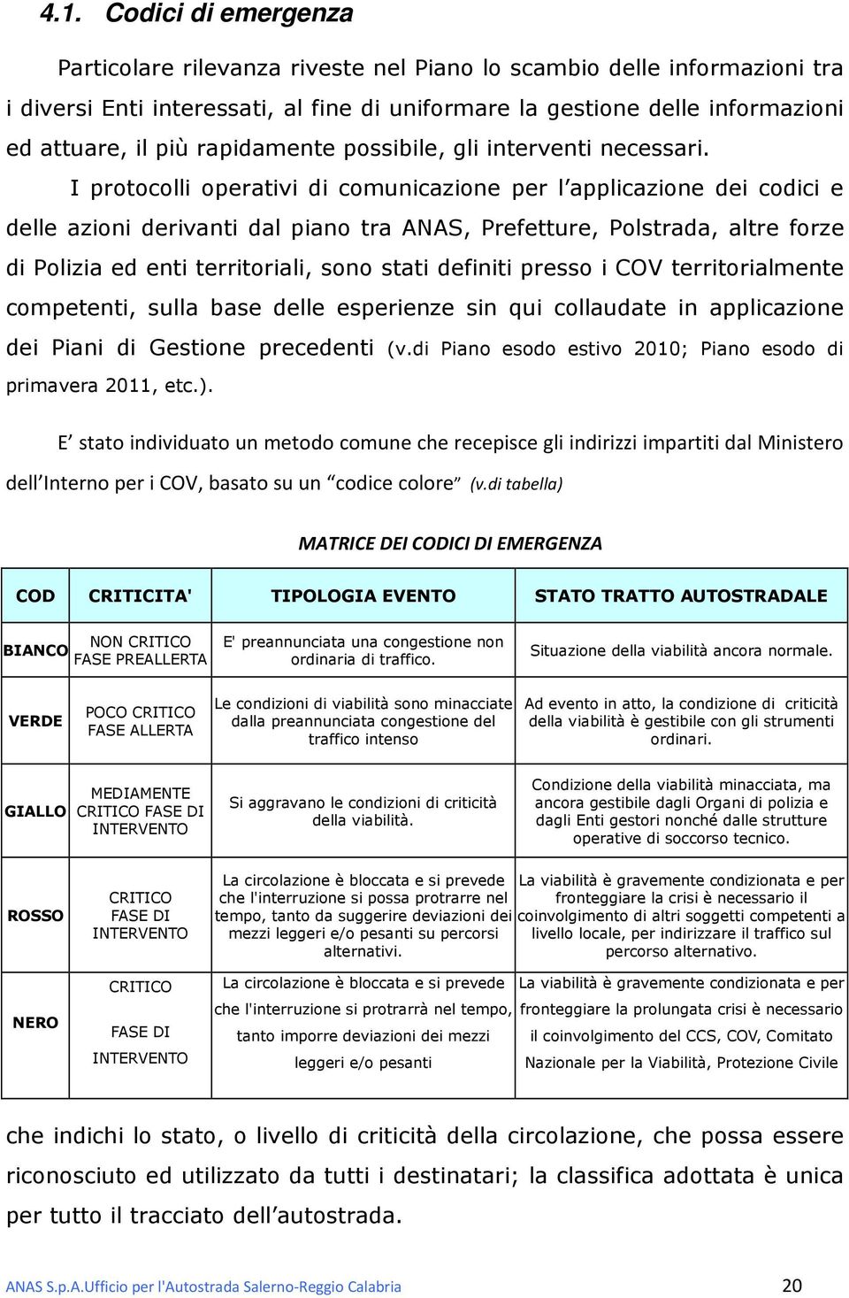 I protocolli operativi di comunicazione per l applicazione dei codici e delle azioni derivanti dal piano tra ANAS, Prefetture, Polstrada, altre forze di Polizia ed enti territoriali, sono stati