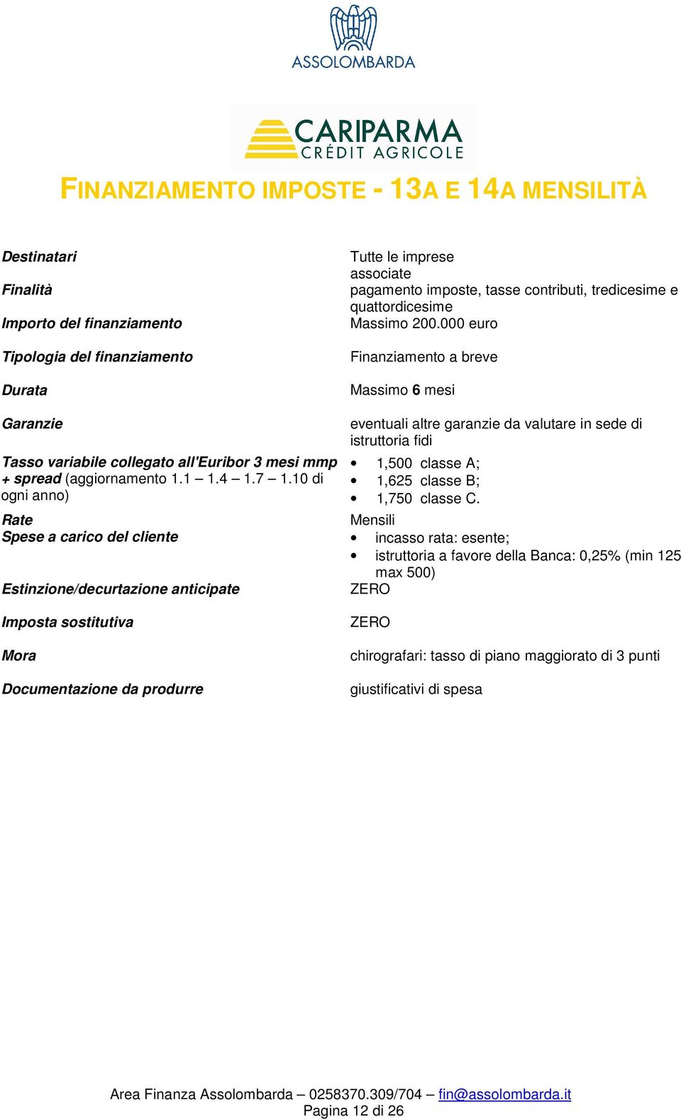 10 di ogni anno) eventuali altre garanzie da valutare in sede di istruttoria fidi 1,500 classe A; 1,625 classe B; 1,750 classe C.