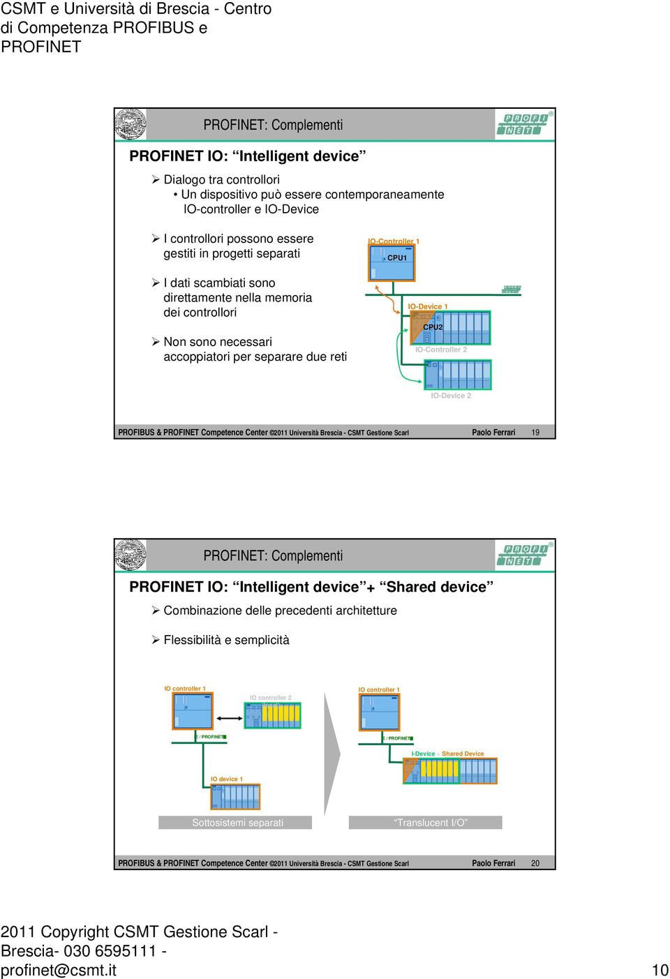 Università Brescia - CSMT Gestione Scarl Paolo Ferrari 19 IO: Intelligent device + Shared device Combinazione delle precedenti architetture Flessibilità e semplicità IO controller 1 IO controller 2