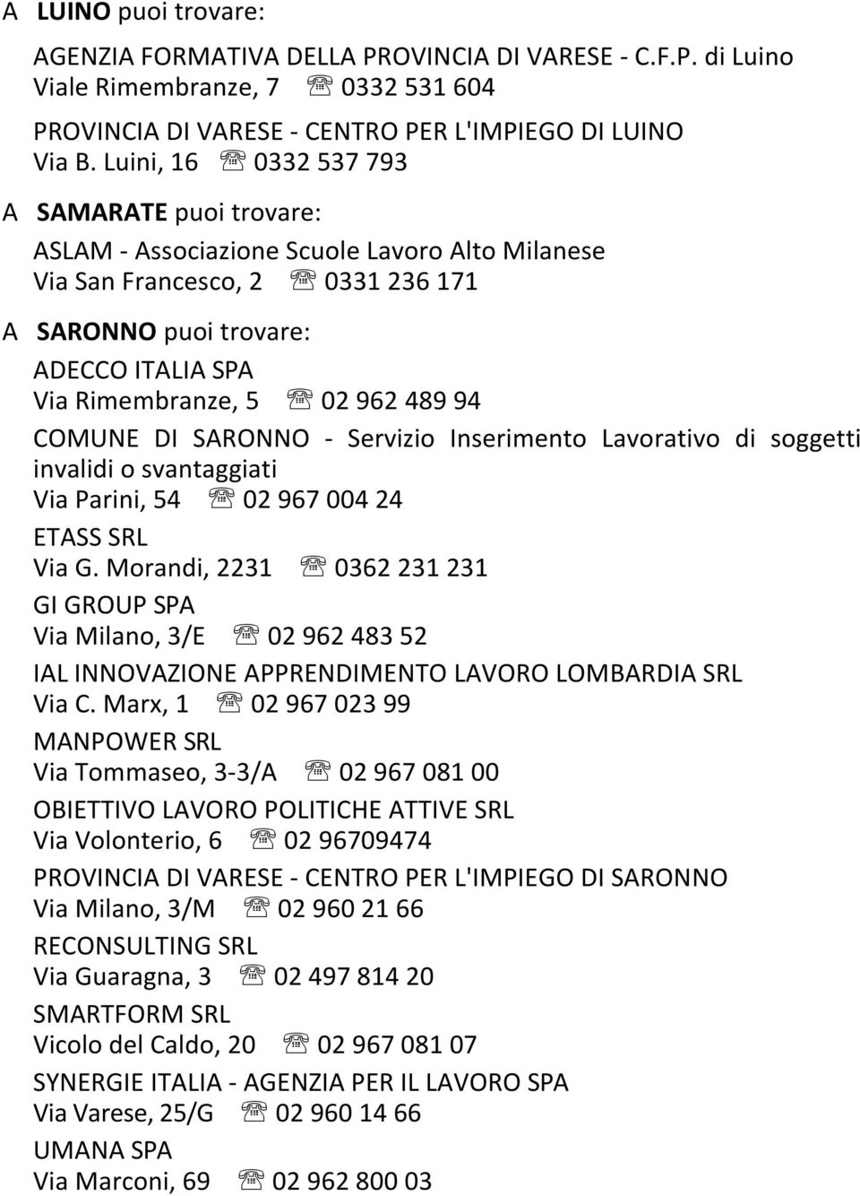 489 94 COMUNE DI SARONNO - Servizio Inserimento Lavorativo di soggetti invalidi o svantaggiati Via Parini, 54 02 967 004 24 ETASS SRL Via G.