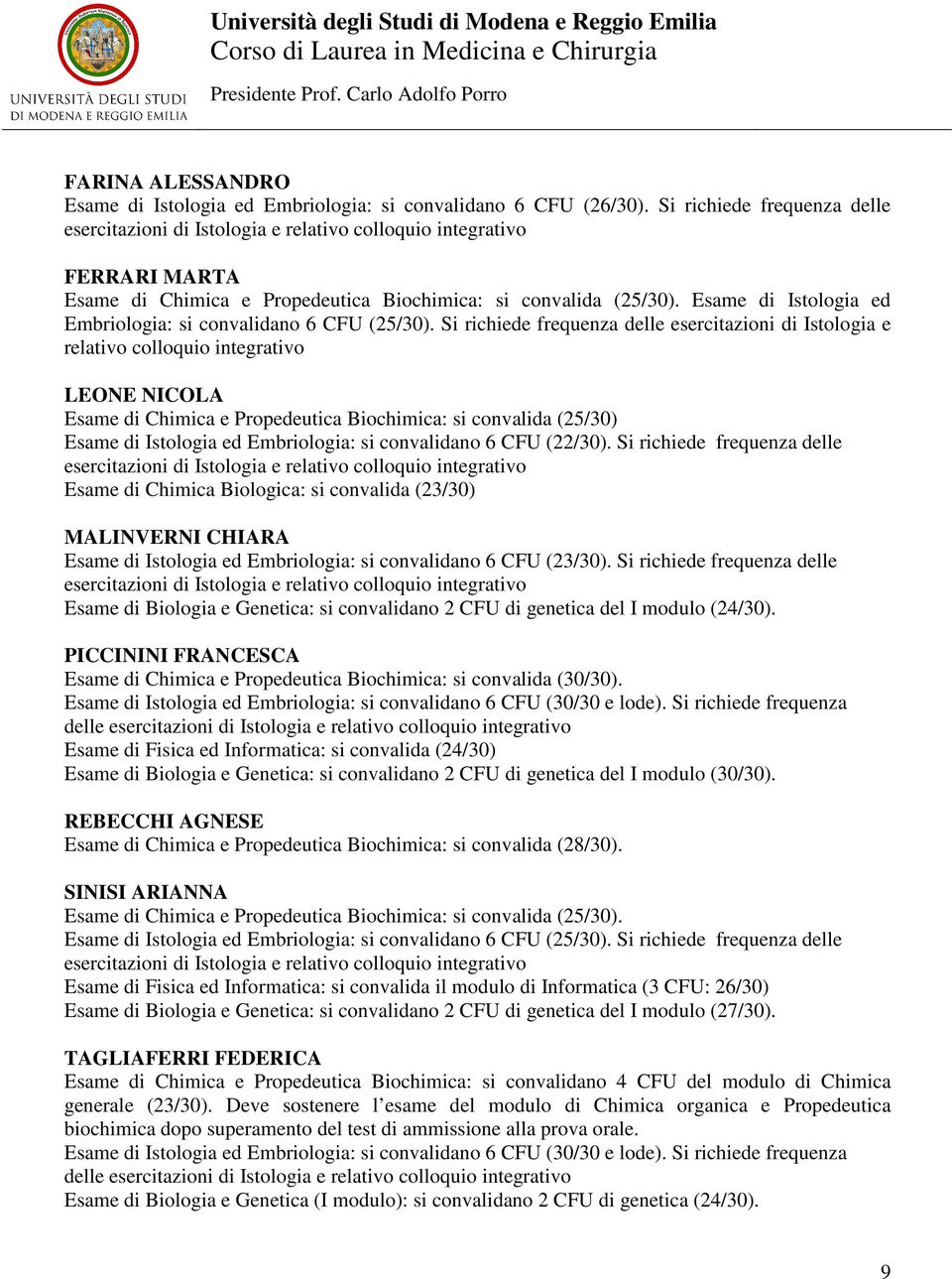 Esame di Istologia ed Embriologia: si convalidano 6 CFU (25/30).