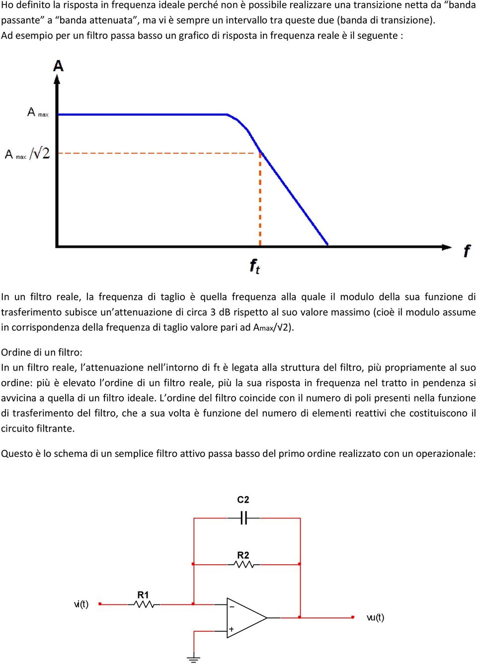 Ad esempio per un filtro passa basso un grafico di risposta in frequenza reale è il seguente : In un filtro reale, la frequenza di taglio è quella frequenza alla quale il modulo della sua funzione di