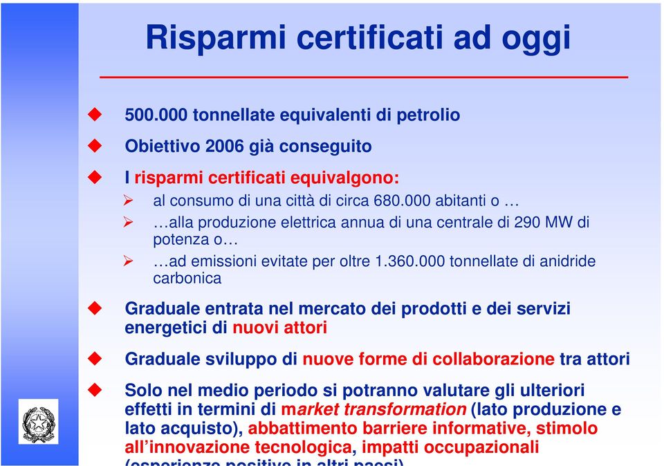 000 tonnellate di anidride carbonica Graduale entrata nel mercato dei prodotti e dei servizi energetici di nuovi attori Graduale sviluppo di nuove forme di collaborazione tra