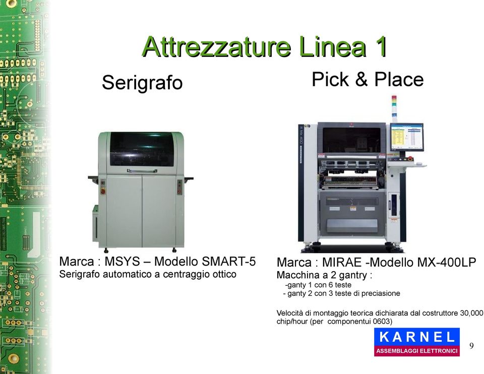 gantry : -ganty 1 con 6 teste - ganty 2 con 3 teste di preciasione Velocità di