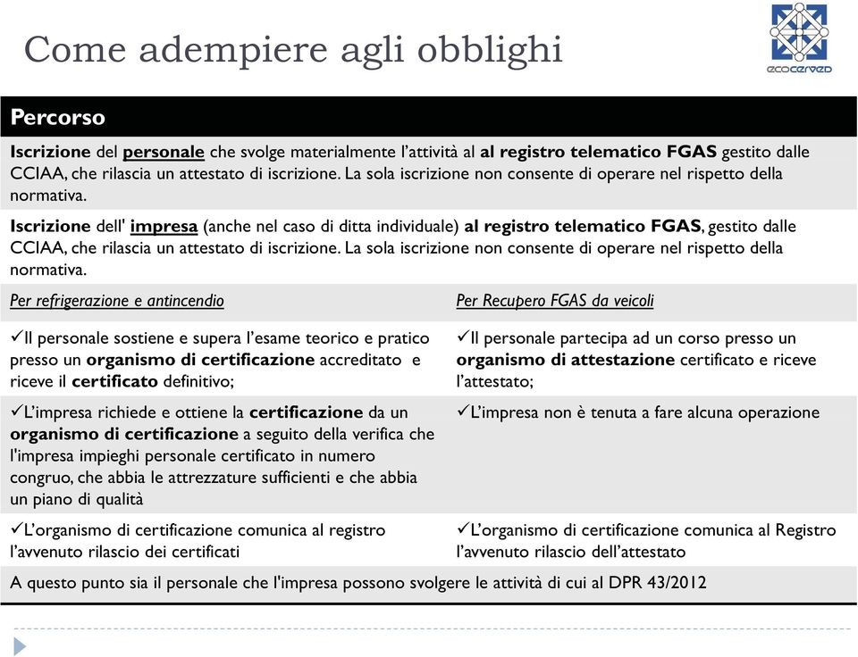 Iscrizione dell' impresa (anche nel caso di ditta individuale) al registro telematico FGAS, gestito dalle CCIAA, che rilascia i un attestato t t di iscrizione.