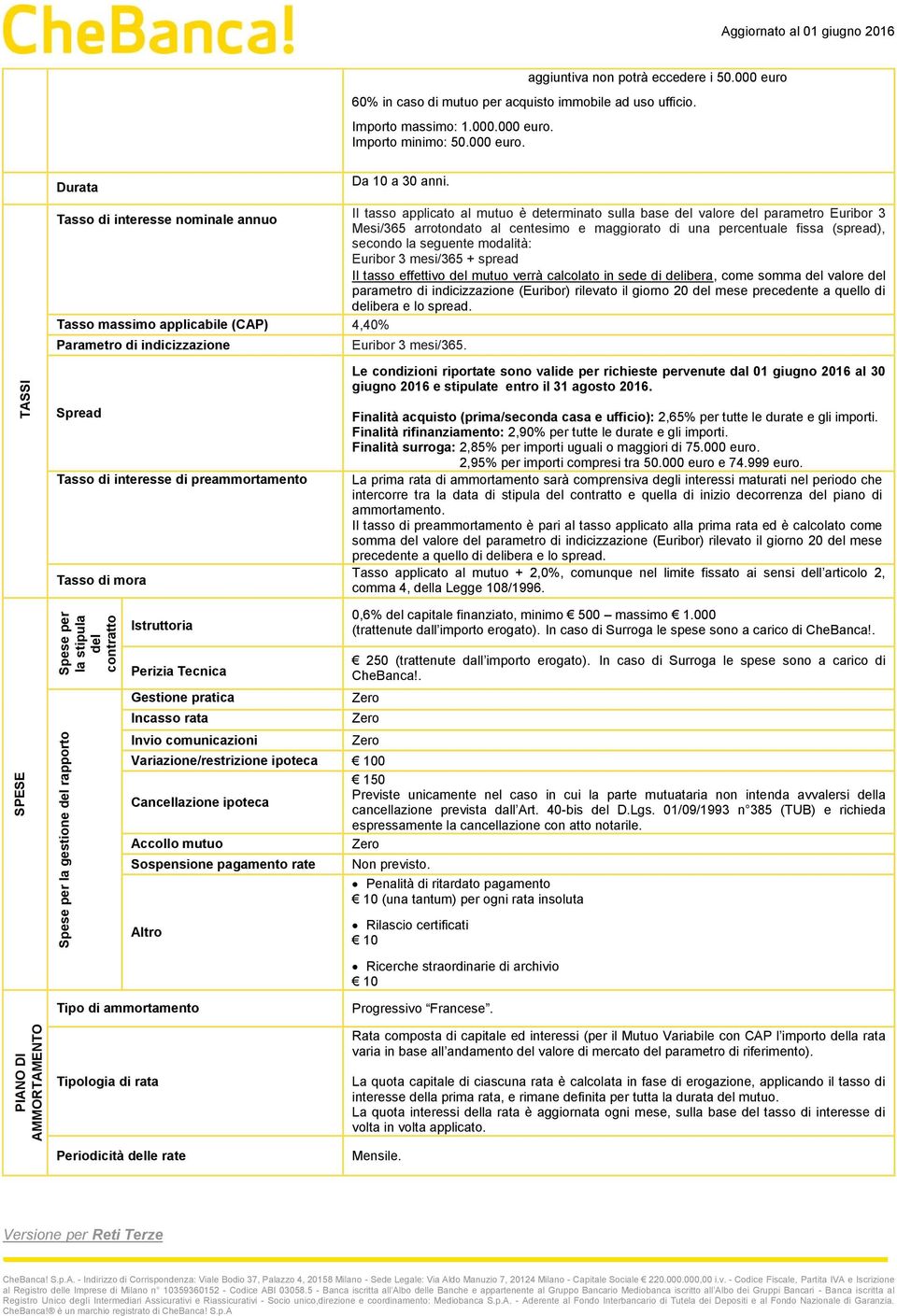 Tasso di interesse nominale annuo Il tasso applicato al mutuo è determinato sulla base del valore del parametro Euribor 3 Mesi/365 arrotondato al centesimo e maggiorato di una percentuale fissa