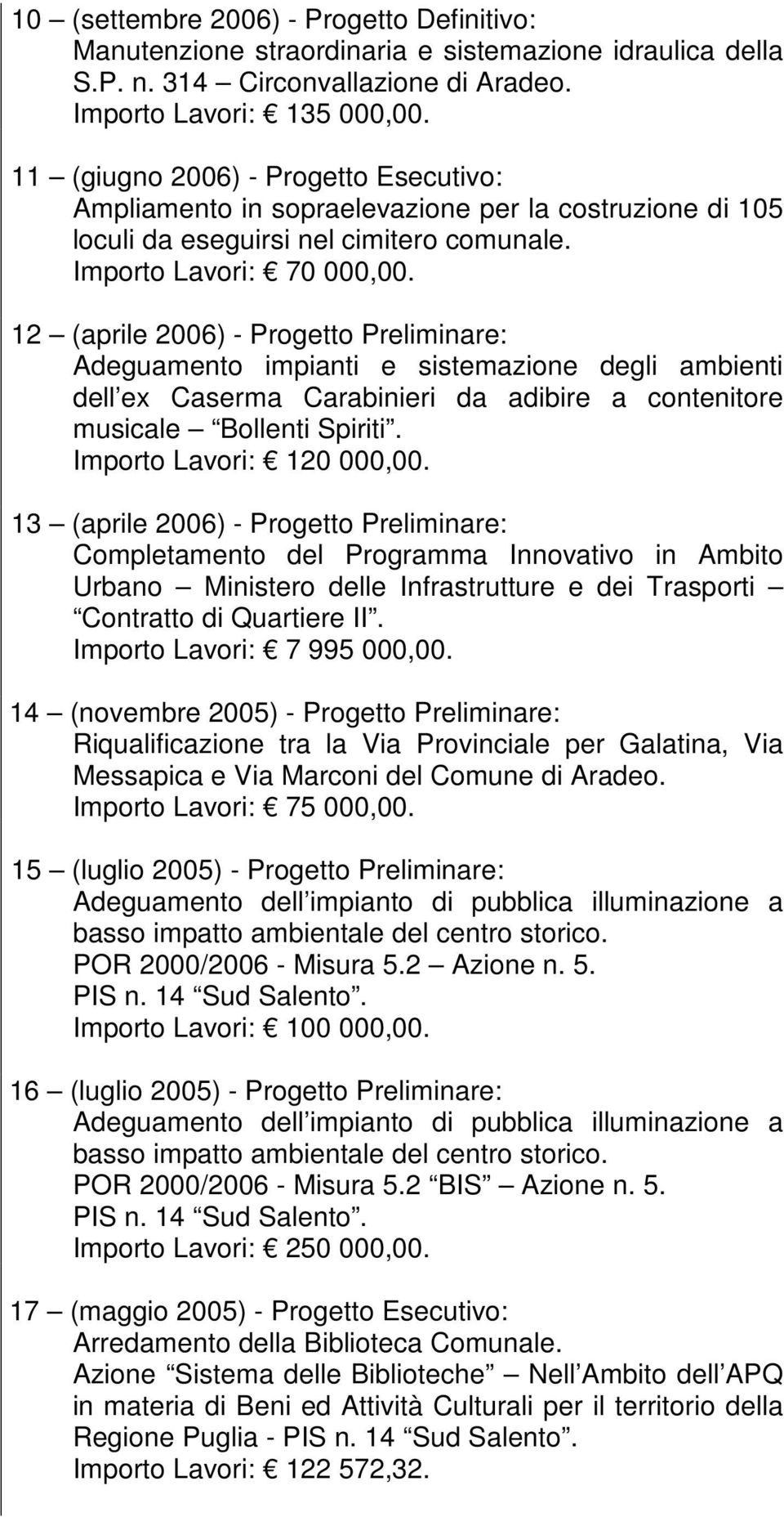 12 (aprile 2006) - Progetto Preliminare: Adeguamento impianti e sistemazione degli ambienti dell ex Caserma Carabinieri da adibire a contenitore musicale Bollenti Spiriti. Importo Lavori: 120 000,00.