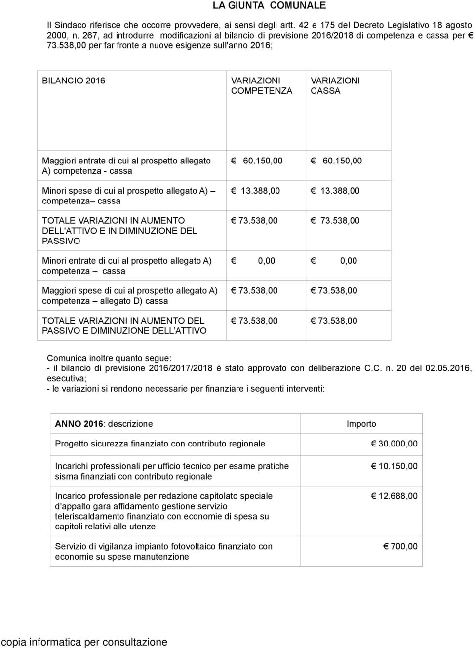 538,00 per far fronte a nuove esigenze sull'anno ; BILANCIO VARIAZIONI COMPETENZA VARIAZIONI CASSA Maggiori entrate di cui al prospetto allegato A) competenza - cassa Minori spese di cui al prospetto