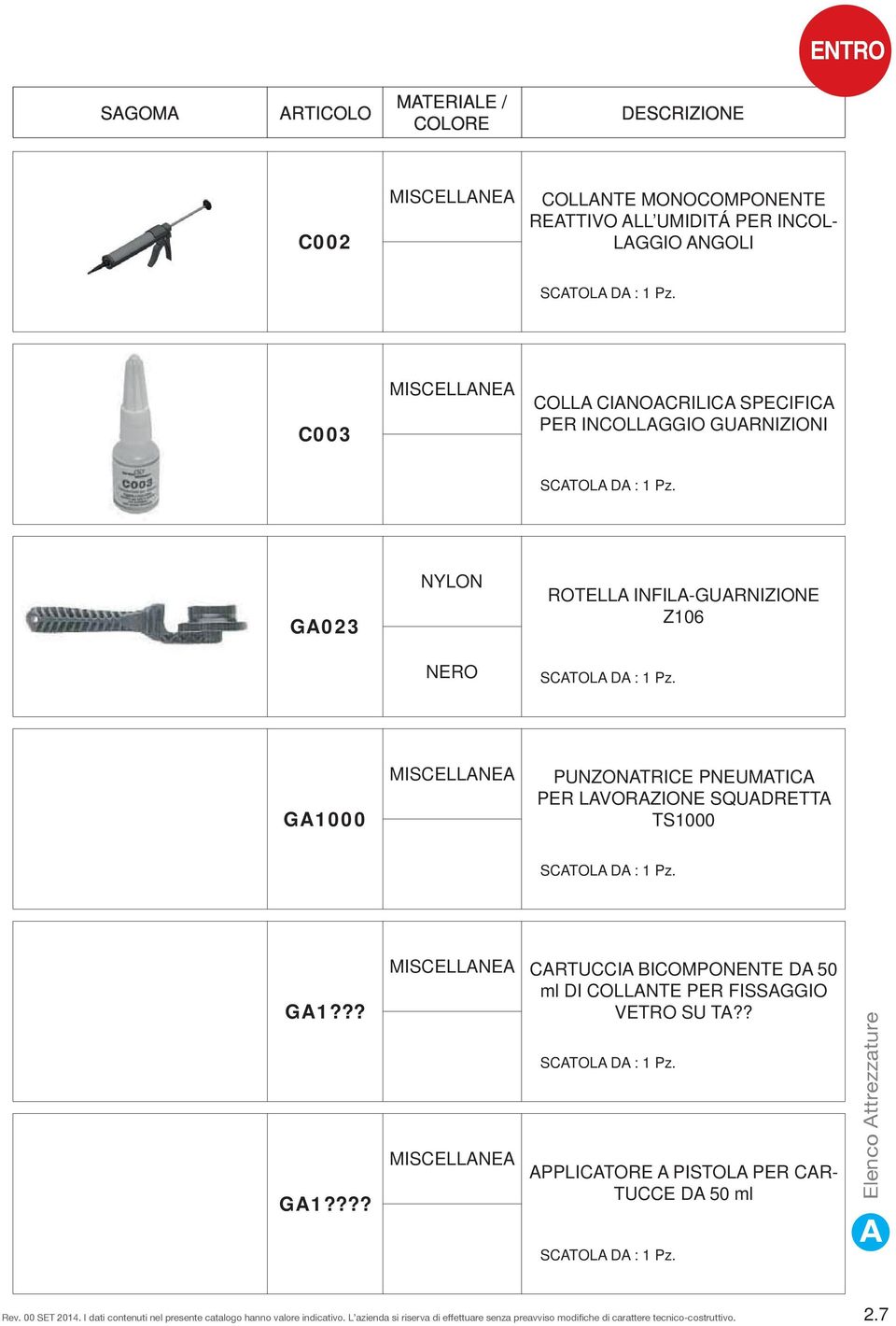 GA1000 MISCELLANEA PUNZONATRICE PNEUMATICA PER LAVORAZIONE SQUADRETTA TS1000 SCATOLA DA : 1 Pz. GA1??? GA1???? MISCELLANEA MISCELLANEA CARTUCCIA BICOMPONENTE DA 50 ml DI COLLANTE PER FISSAGGIO VETRO SU TA?