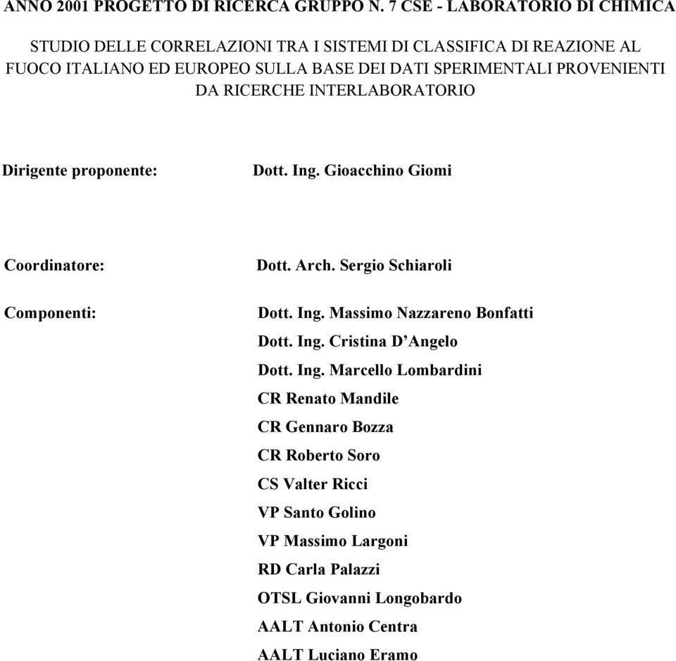 SPERIMENTALI PROVENIENTI DA RICERCHE INTERLABORATORIO Dirigente proponente: Dott. Ing. Gioacchino Giomi Coordinatore: Componenti: Dott. Arch.