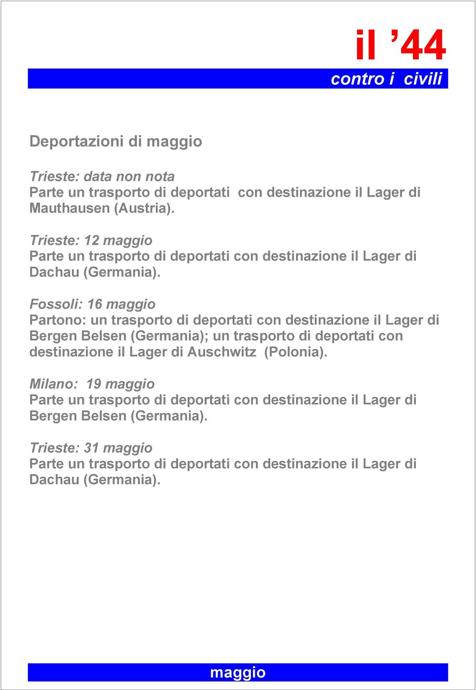 Fossoli: 16 maggio Partono: un trasporto di deportati con destinazione il Lager di Bergen