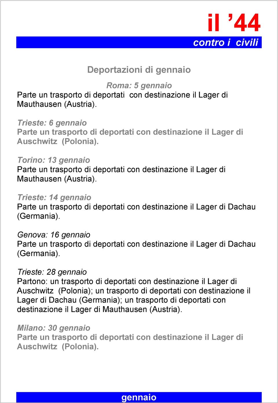 Trieste: 28 gennaio Partono: un trasporto di deportati con destinazione il Lager di Auschwitz (Polonia); un trasporto di deportati