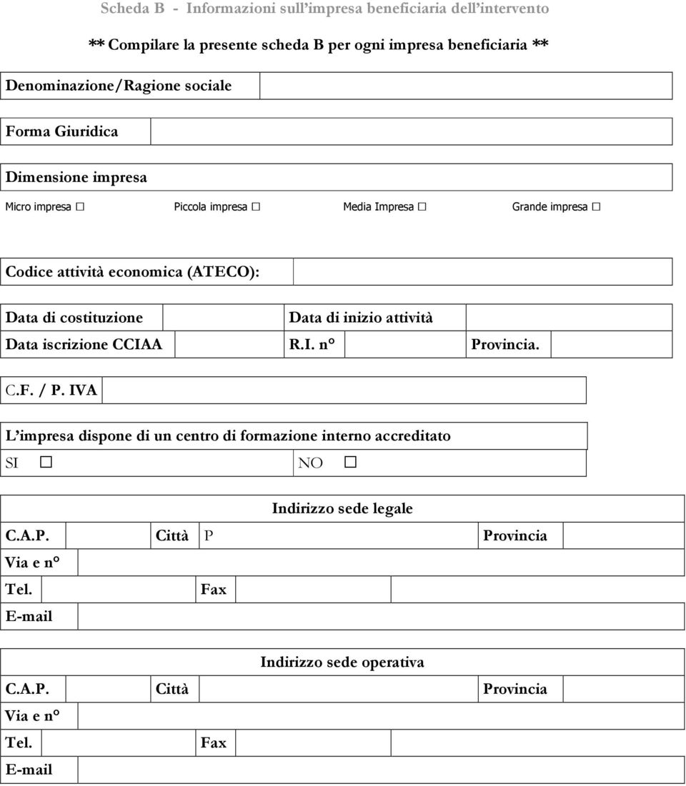 (ATECO): Data di costituzione Data di inizio attività Data iscrizione CCIAA R.I. n Provincia. C.F. / P.