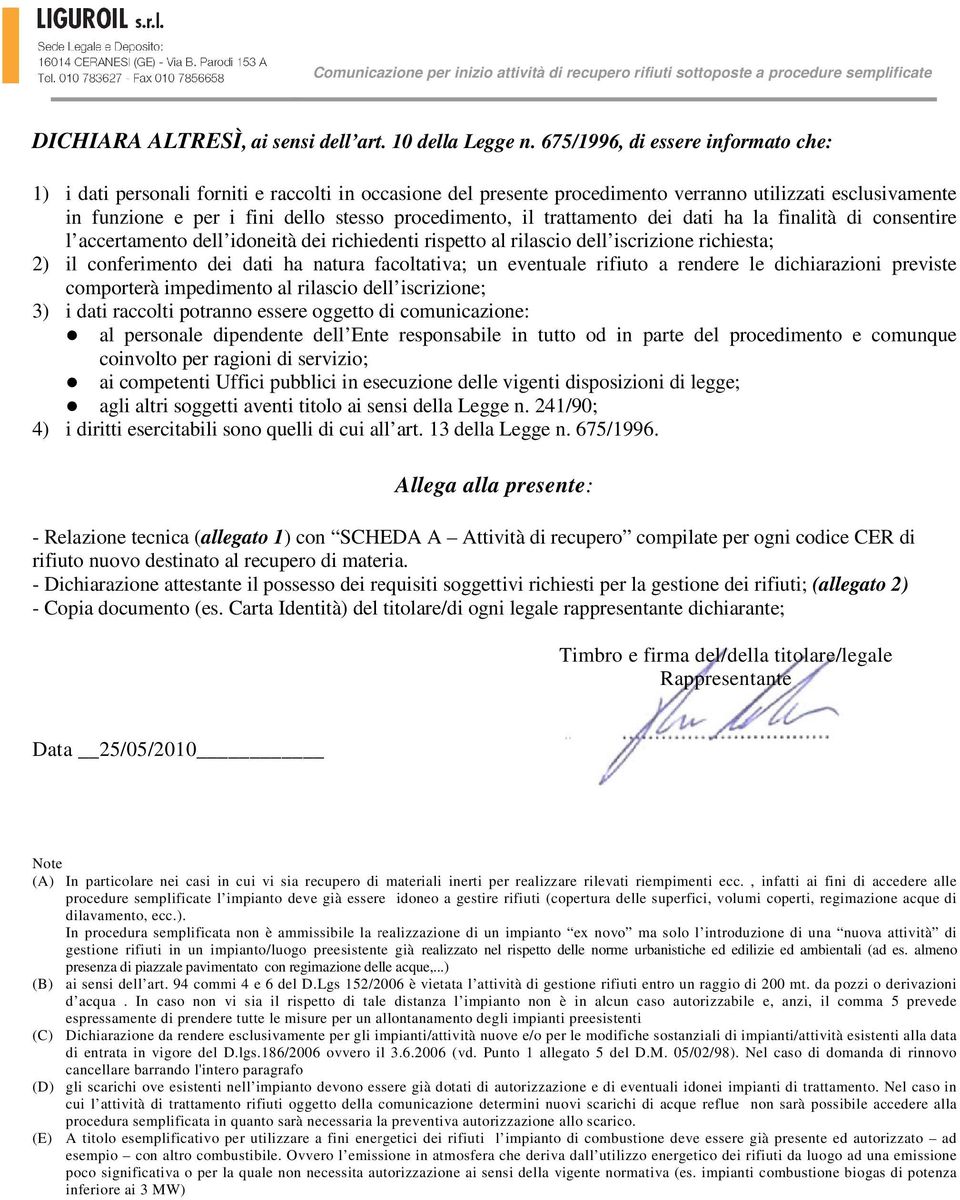 il trattamento dei dati ha la finalità di consentire l accertamento dell idoneità dei richiedenti rispetto al rilascio dell iscrizione richiesta; 2) il conferimento dei dati ha natura facoltativa; un