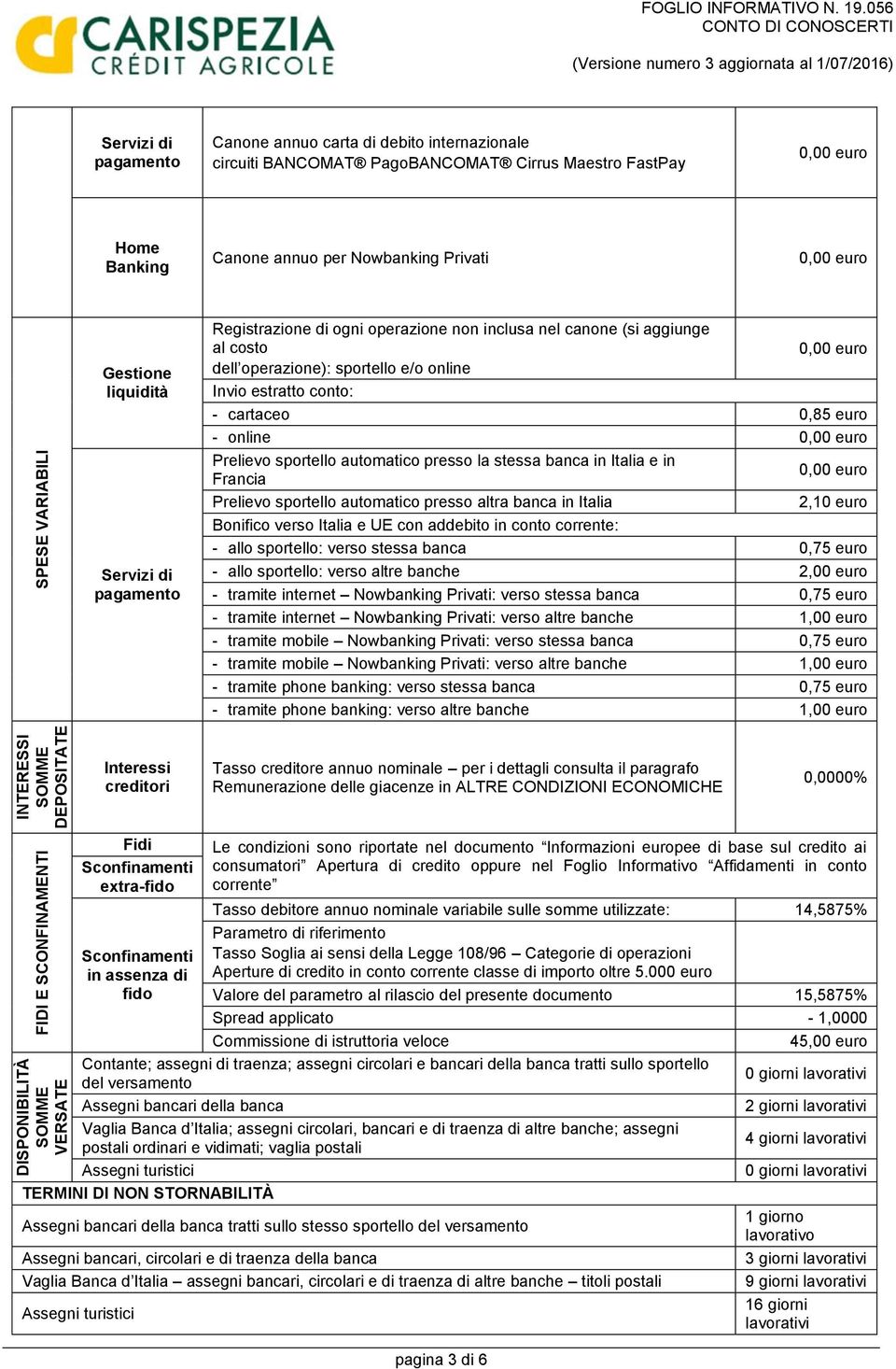 di pagamento Registrazione di ogni operazione non inclusa nel canone (si aggiunge al costo dell operazione): sportello e/o online Invio estratto conto: - cartaceo 0,85 euro - online Prelievo