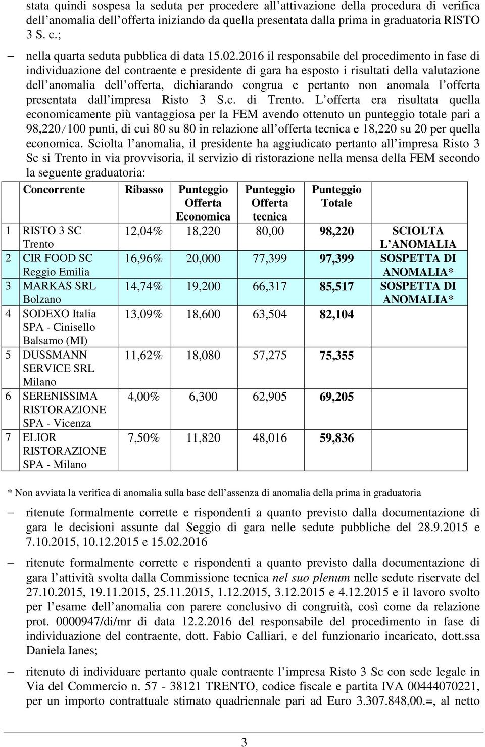 2016 il responsabile del procedimento in fase di individuazione del contraente e presidente di gara ha esposto i risultati della valutazione dell anomalia dell offerta, dichiarando congrua e pertanto