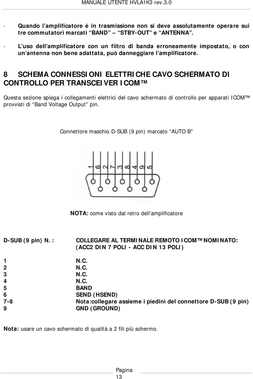 8 SCHEMA CONNESSIONI ELETTRICHE CAVO SCHERMATO DI CONTROLLO PER TRANSCEIVER ICOM Questa sezione spiega i collegamenti elettrici del cavo schermato di controllo per apparati ICOM provvisti di Band