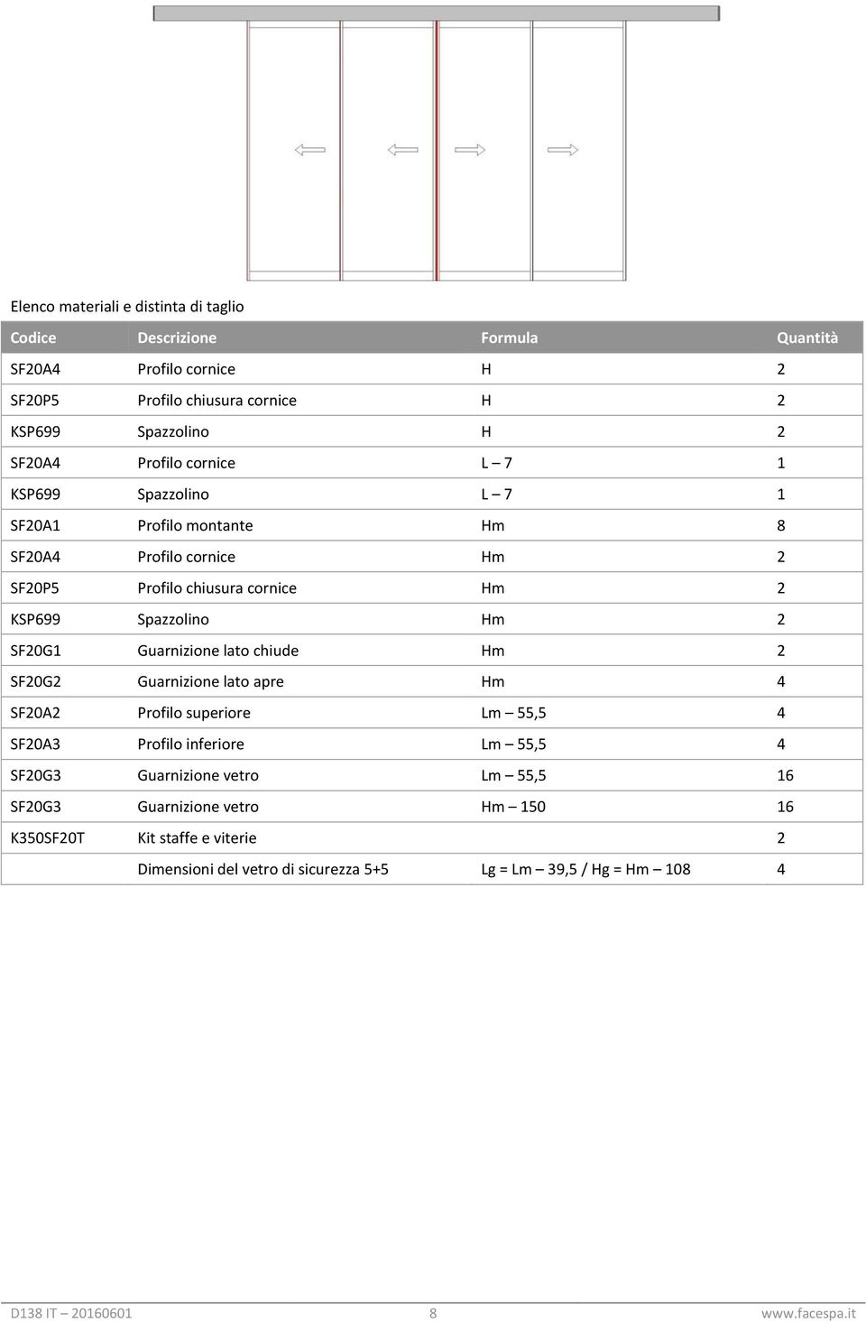 SF20G1 Guarnizione lato chiude Hm 2 SF20G2 Guarnizione lato apre Hm 4 SF20A2 Profilo superiore Lm 55,5 4 SF20A3 Profilo inferiore Lm 55,5 4 SF20G3 Guarnizione vetro Lm