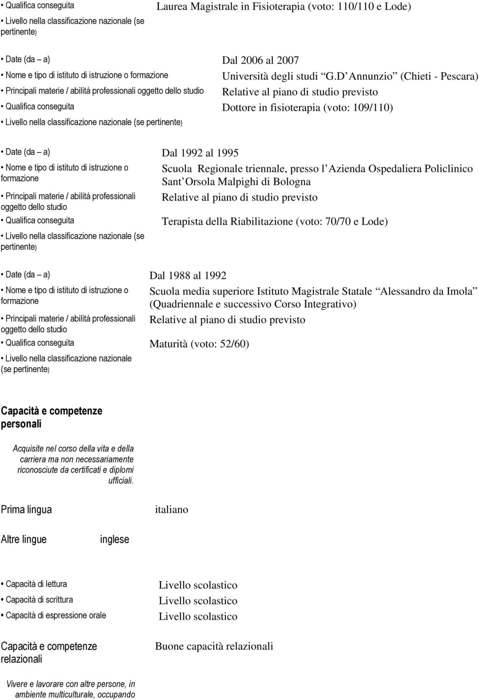 D Annunzio (Chieti - Pescara) Principali materie / abilità professionali oggetto dello studio Relative al piano di studio previsto Qualifica conseguita Dottore in fisioterapia (voto: 109/110) Livello