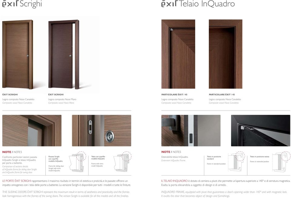 Scrighi e telaio InQuadro per porta a battente. Comparison of sections details of InQuadro frame for sliding door Scrighi and InQuadro frame for swing door.