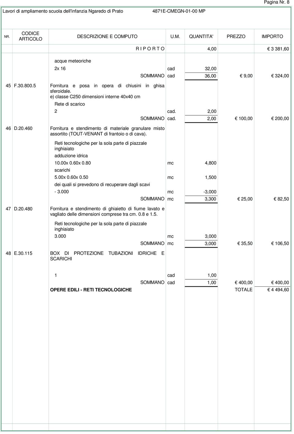 Reti tecnologiche per la sola parte di piazzale inghiaiato adduzione idrica SOMMANO cad. 2,00 100,00 200,00 10.00x 0.60x 0.80 mc 4,800 scarichi 5.00x 0.60x 0.50 mc 1,500 dei quali si prevedono di recuperare dagli scavi - 3.