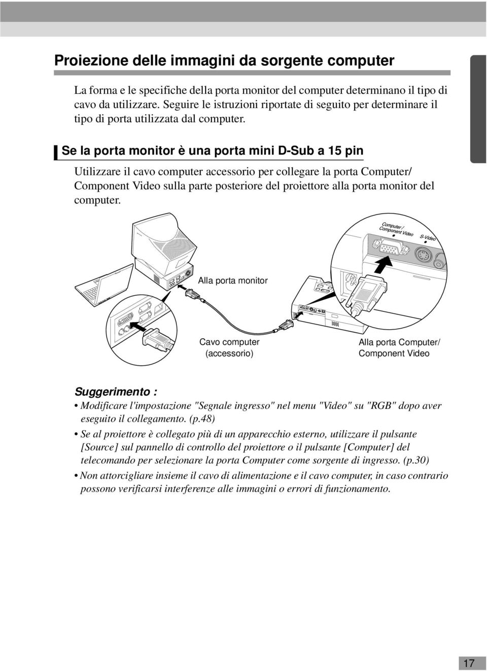 Se la porta monitor è una porta mini D-Sub a 15 pin Utilizzare il cavo computer accessorio per collegare la porta Computer/ Component Video sulla parte posteriore del proiettore alla porta monitor