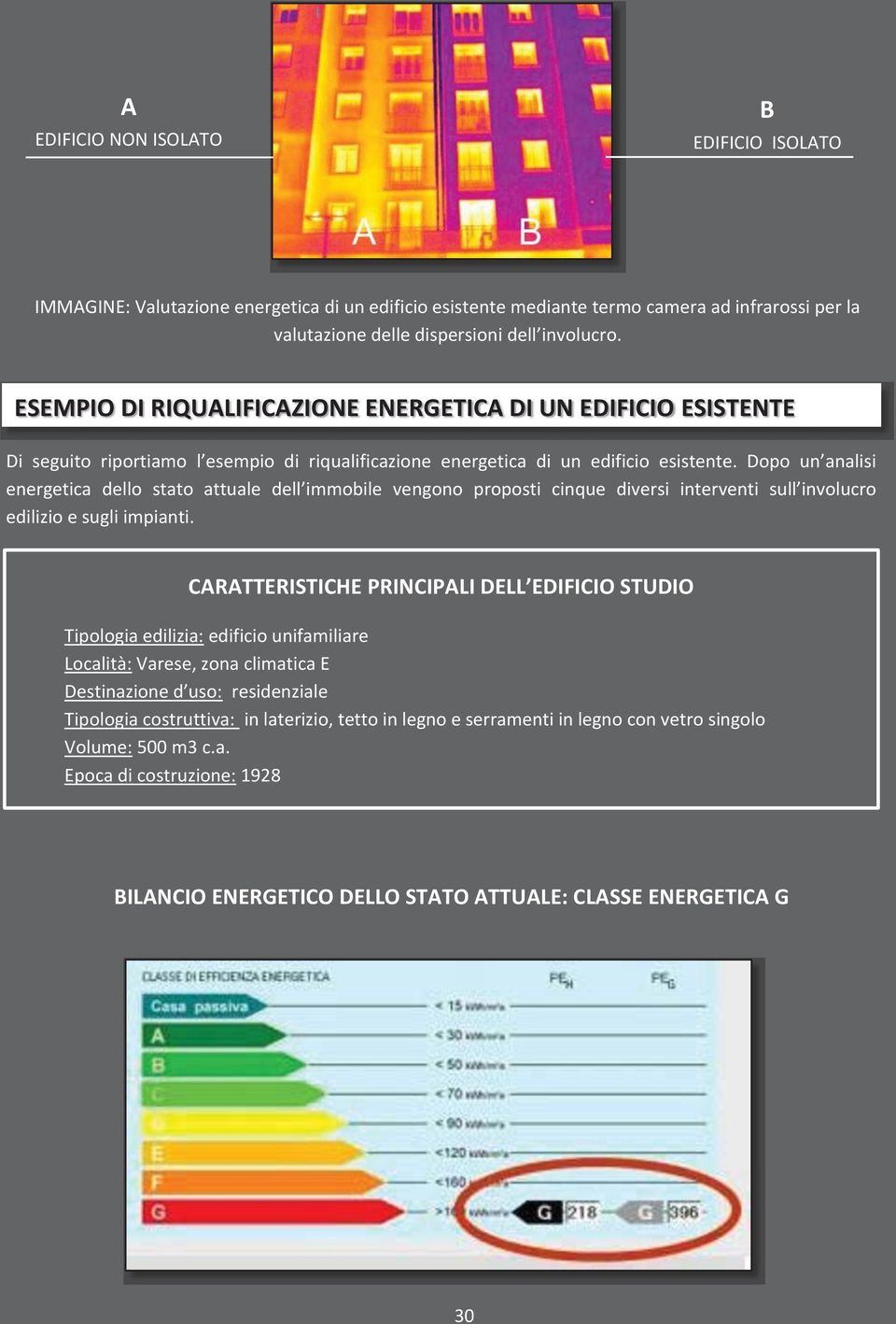 Dopo un analisi energetica dello stato attuale dell immobile vengono proposti cinque diversi interventi sull involucro edilizio e sugli impianti.