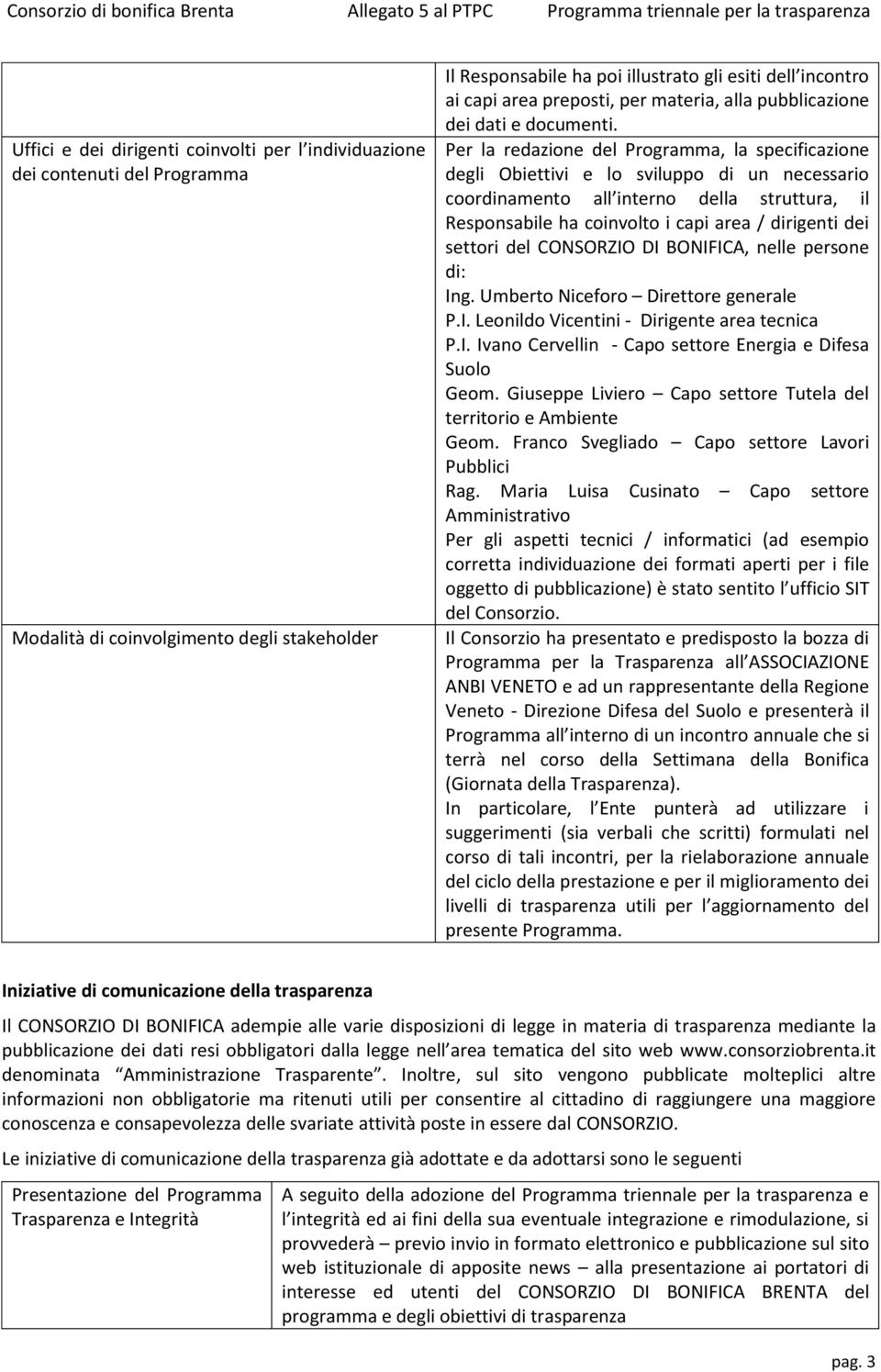 Per la redazione del Programma, la specificazione degli Obiettivi e lo sviluppo di un necessario coordinamento all interno della struttura, il Responsabile ha coinvolto i capi area / dirigenti dei