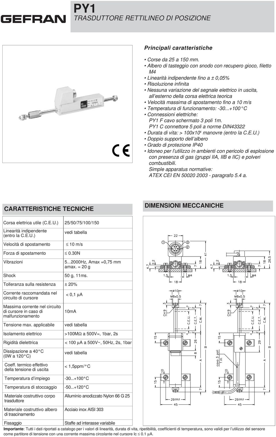 elettrica teorica Velocità massima di spostamento fino a 10 m/s Temperatura di funzionamento: -30...+100 C Connessioni elettriche: PY1 F cavo schermato 3 poli 1m.