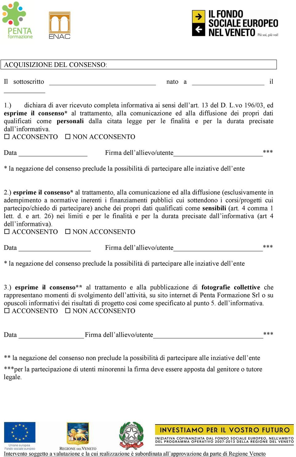 informativa. ACCONSENTO NON ACCONSENTO Data Firma dell allievo/utente *** * la negazione del consenso preclude la possibilità di partecipare alle inziative dell ente 2.