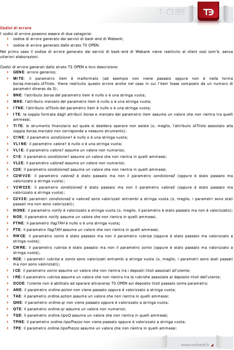 Codici di errore generati dallo strato T3 OPEN e loro descrizione: GENE: errore generico; MITE: il parametro item è malformato (ad esempio non viene passato oppure non è nella forma borsa.mercato.