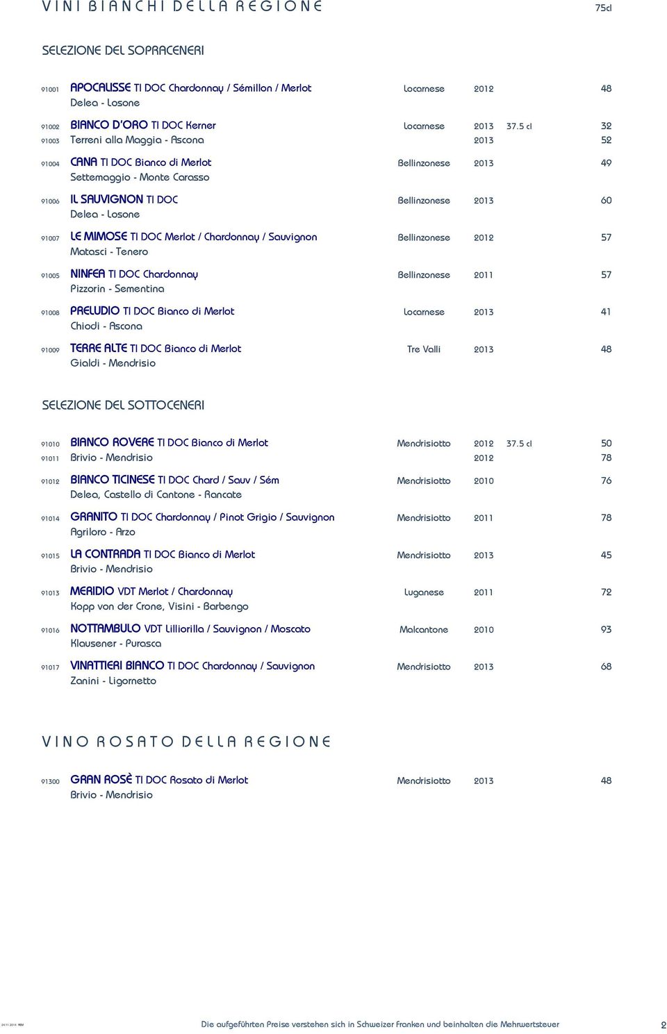 TI DOC Merlot / Chardonnay / Sauvignon Bellinzonese 2012 57 Matasci - Tenero 91005 NINFEA TI DOC Chardonnay Bellinzonese 2011 57 Pizzorin - Sementina 91008 PRELUDIO TI DOC Bianco di Merlot Locarnese