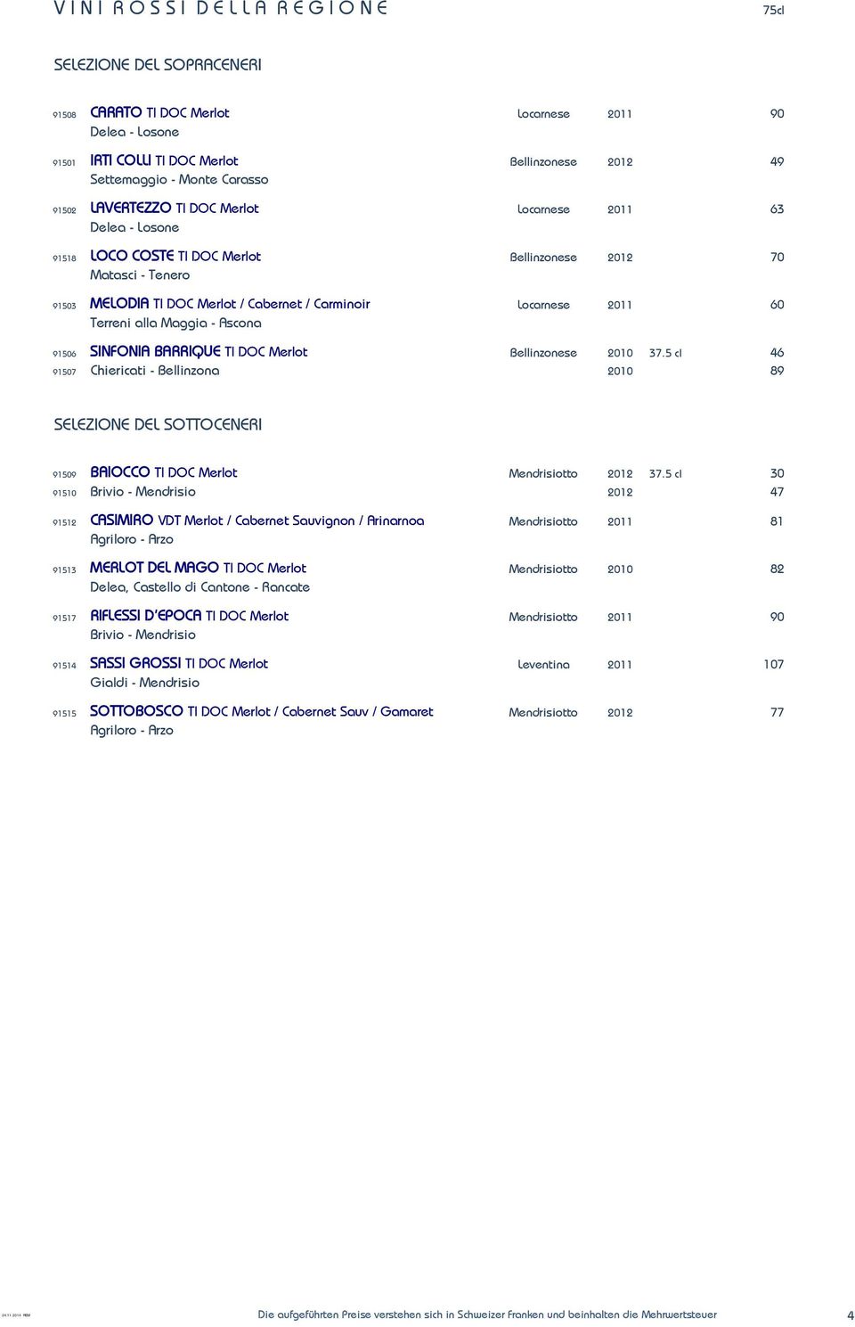 Maggia - Ascona 91506 SINFONIA BARRIQUE TI DOC Merlot Bellinzonese 2010 37.5 cl 46 91507 Chiericati - Bellinzona 2010 89 SELEZIONE DEL SOTTOCENERI 91509 BAIOCCO TI DOC Merlot Mendrisiotto 2012 37.