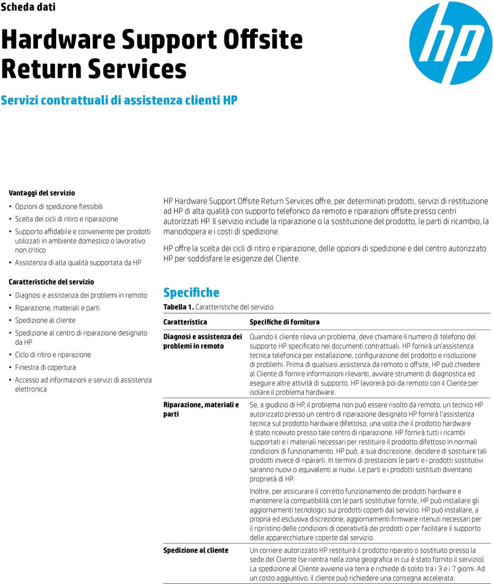 dei problemi in remoto Riparazione, materiali e parti Spedizione al cliente Spedizione al centro di riparazione designato da HP Ciclo di ritiro e riparazione Finestra di copertura Accesso ad