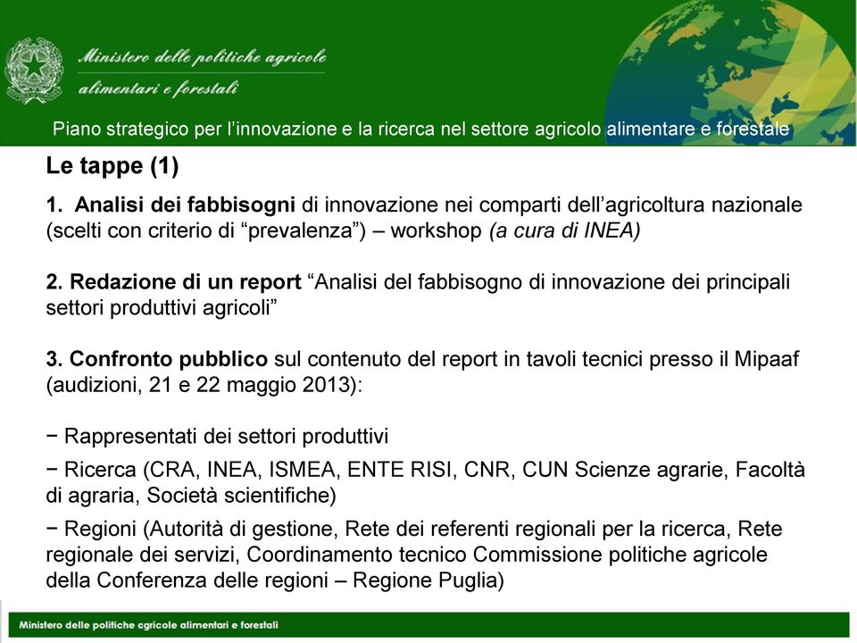 Confronto pubblico sul contenuto del report in tavoli tecnici presso il Mipaaf (audizioni, 21 e 22 maggio 2013): Rappresentati dei settori produttivi Ricerca (CRA, INEA, ISMEA, ENTE