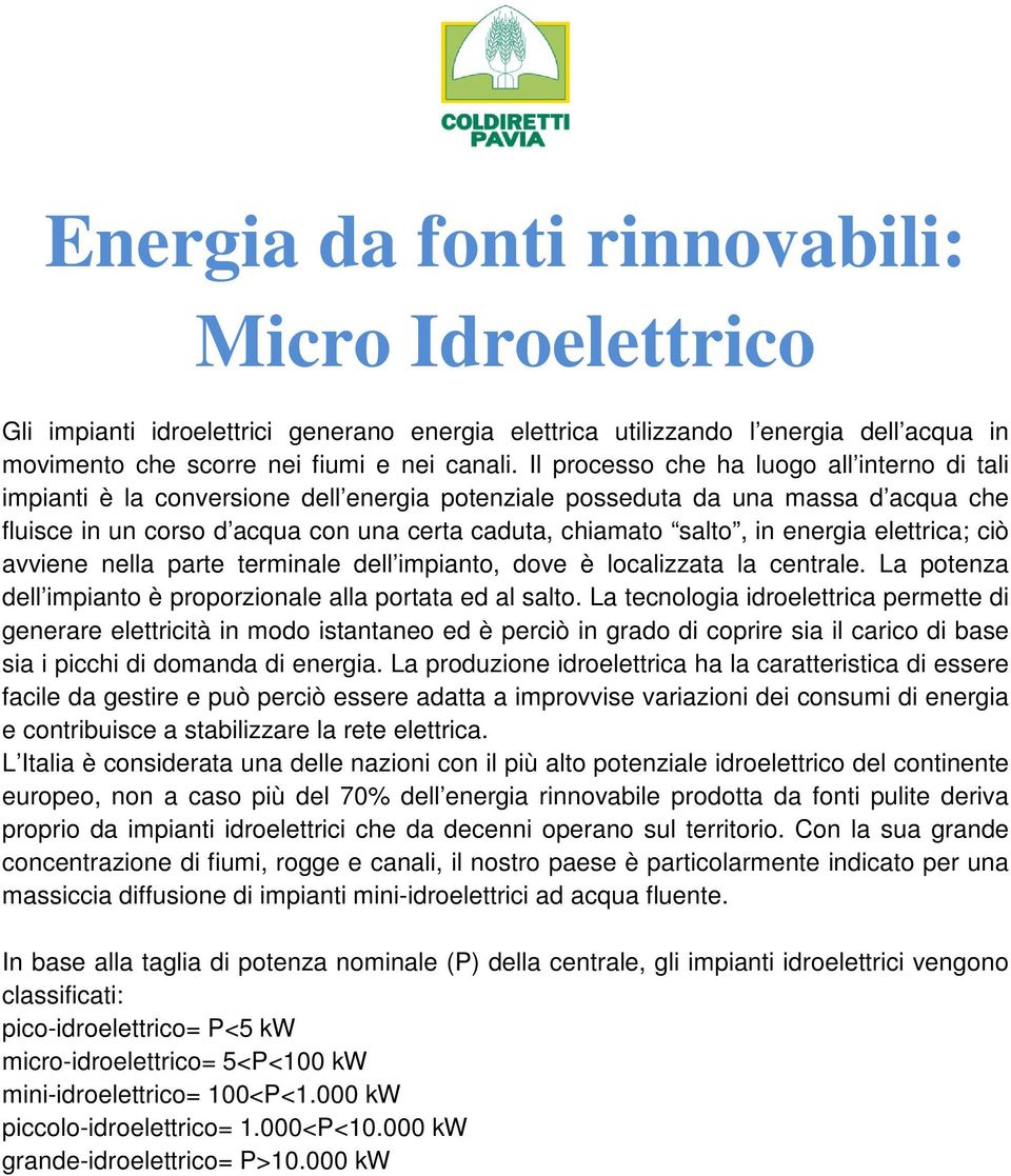 energia elettrica; ciò avviene nella parte terminale dell impianto, dove è localizzata la centrale. La potenza dell impianto è proporzionale alla portata ed al salto.